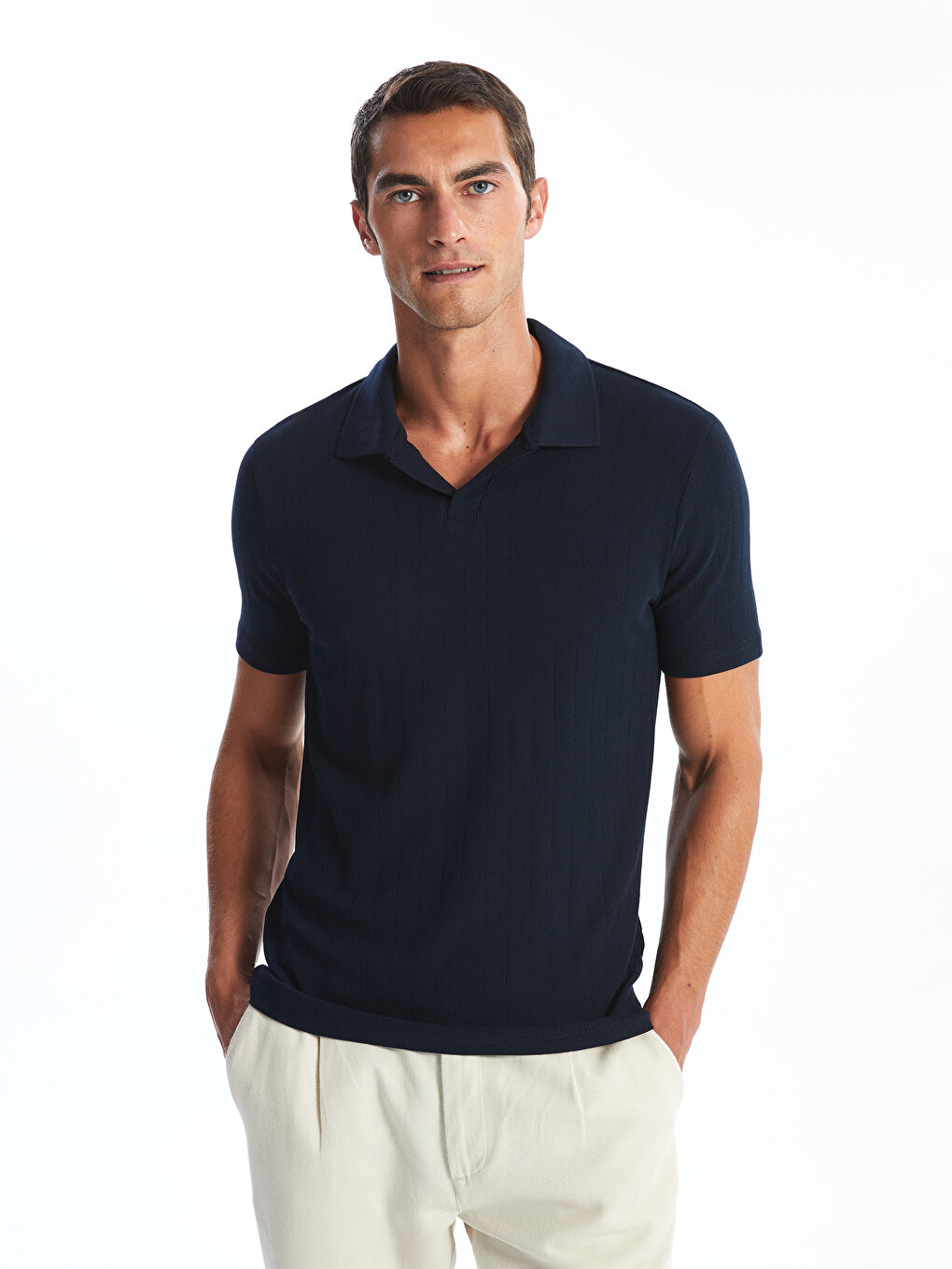 Lacivert Polo Yaka Kısa Kollu Erkek Dokulu Tişört