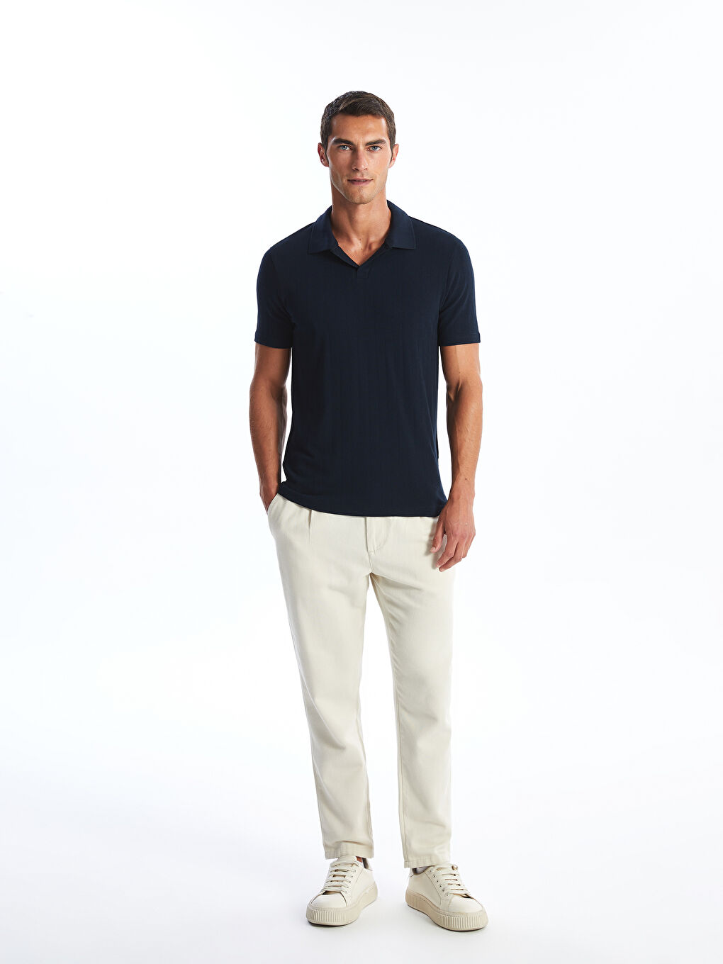 Lacivert Polo Yaka Kısa Kollu Erkek Dokulu Tişört-1