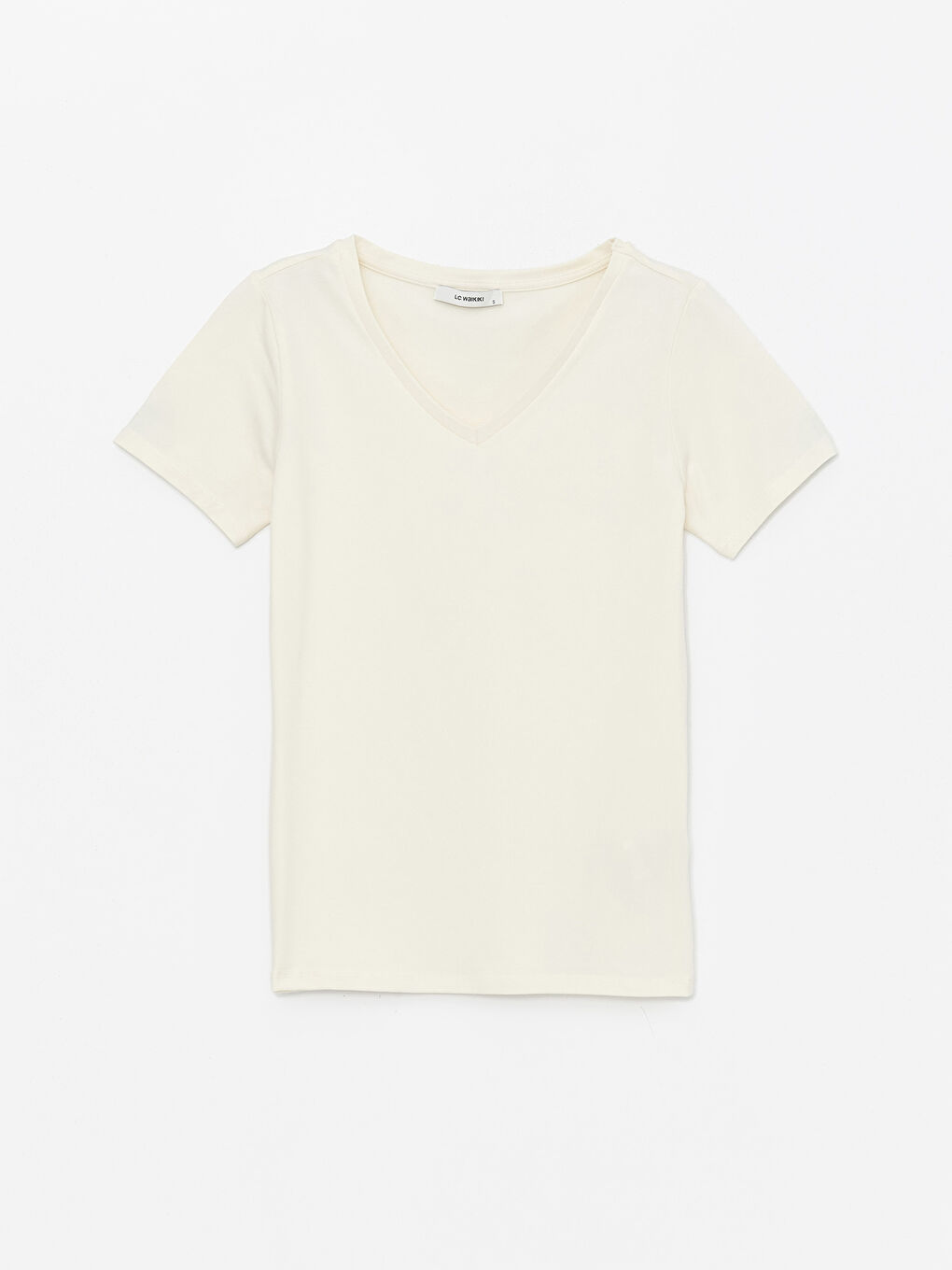 Ekru V Yaka Düz Kısa Kollu Kadın Tişört-5