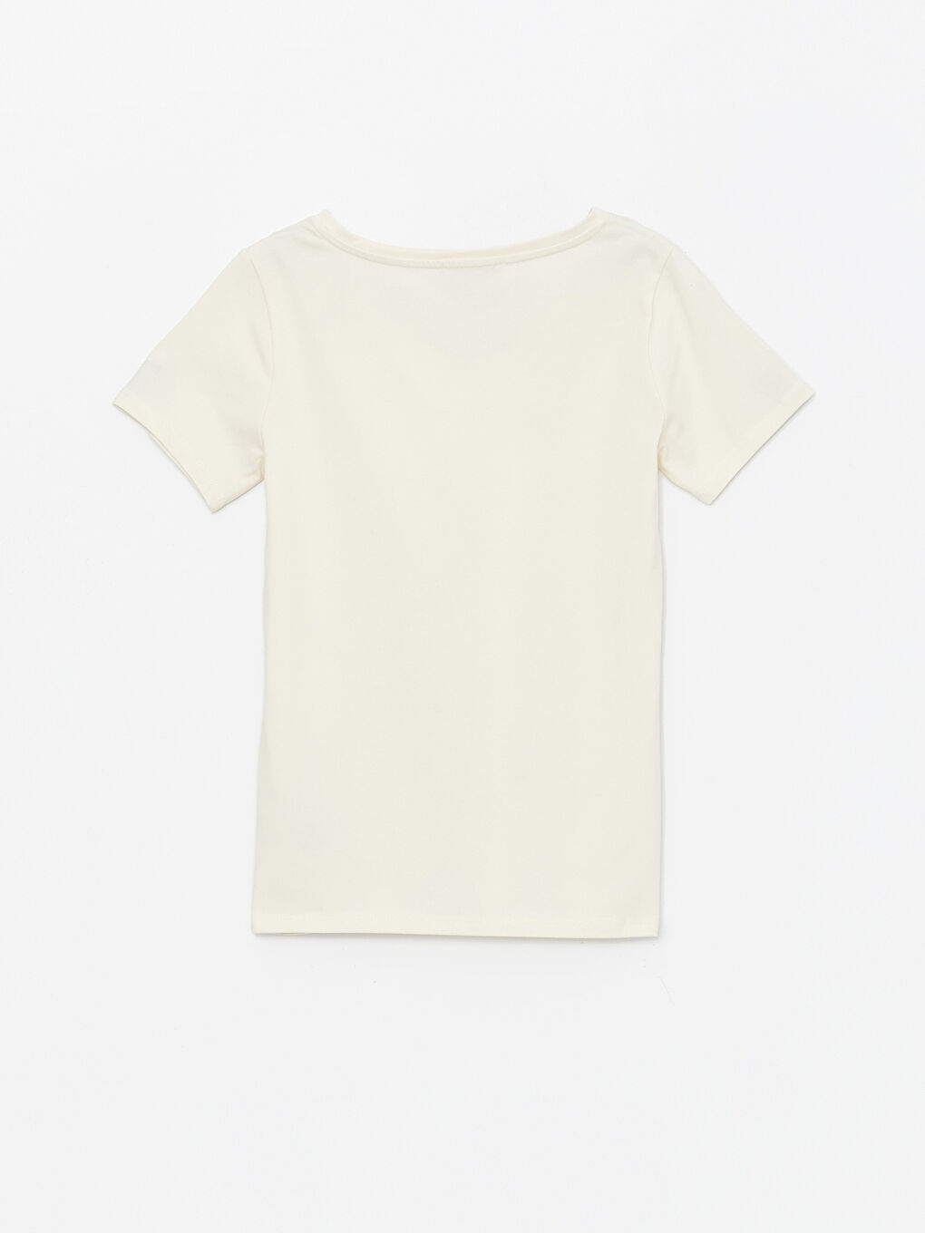 Ekru V Yaka Düz Kısa Kollu Kadın Tişört-6