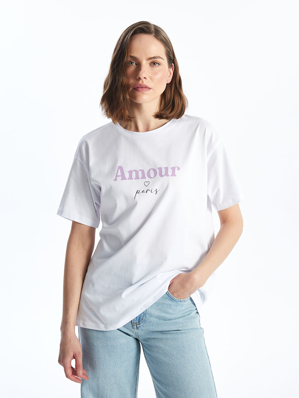 Beyaz Bisiklet Yaka Baskılı Kısa Kollu Kadın Tişört