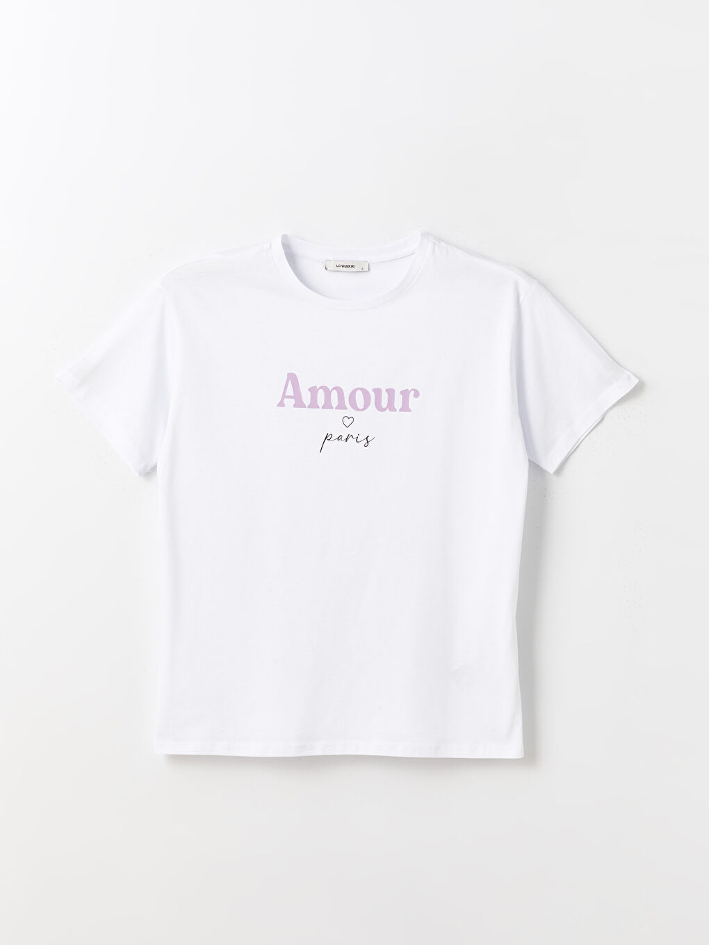 Beyaz Bisiklet Yaka Baskılı Kısa Kollu Kadın Tişört-5