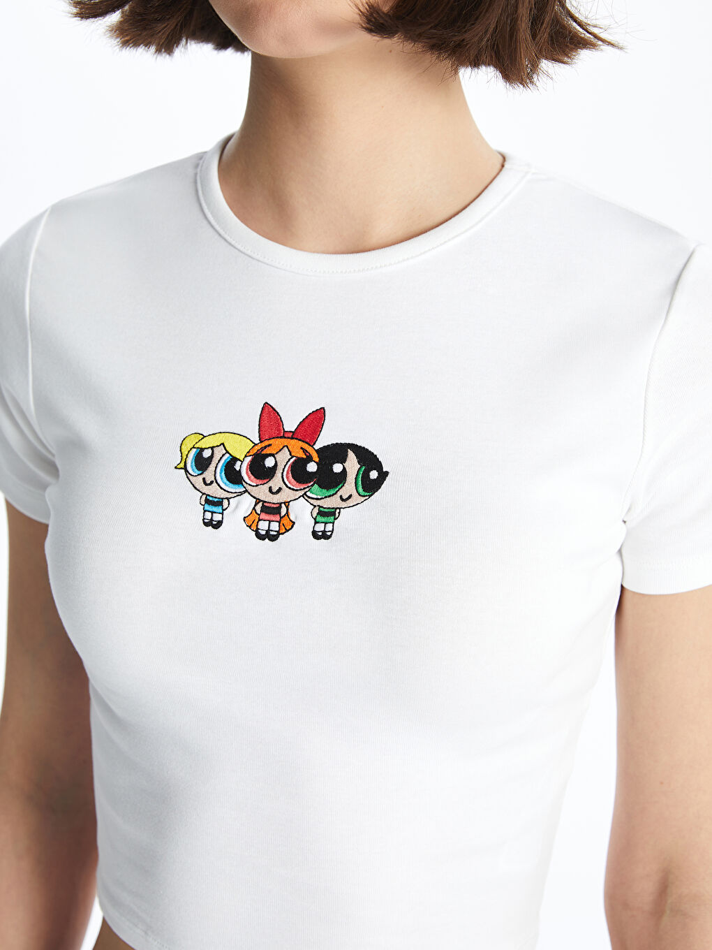 XSIDE Ekru Bisiklet Yaka Powerpuff Girls Nakışlı Kısa Kollu Kadın Tişört - 3