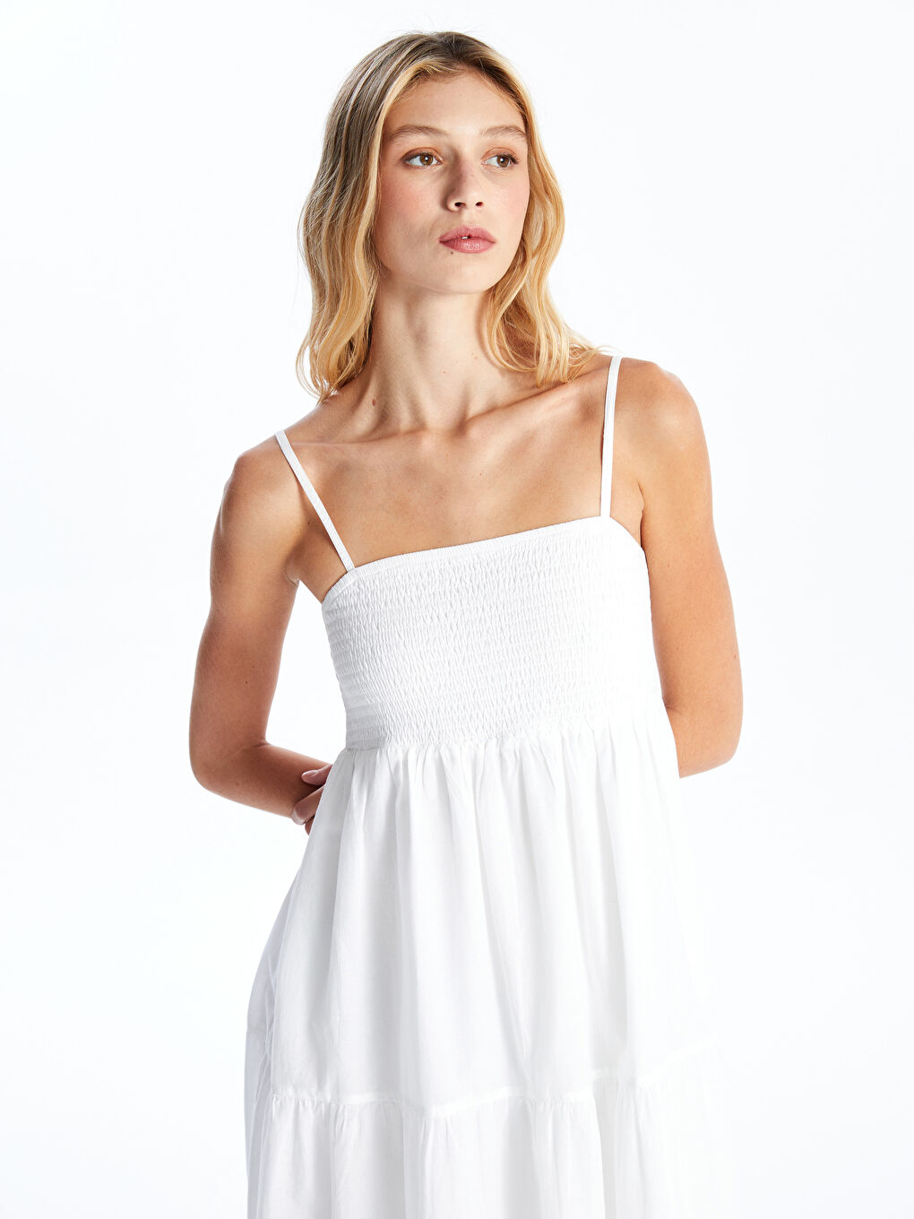 Square Collar Self Patterned Strappy Women's Dress -S4K113Z8-U7E