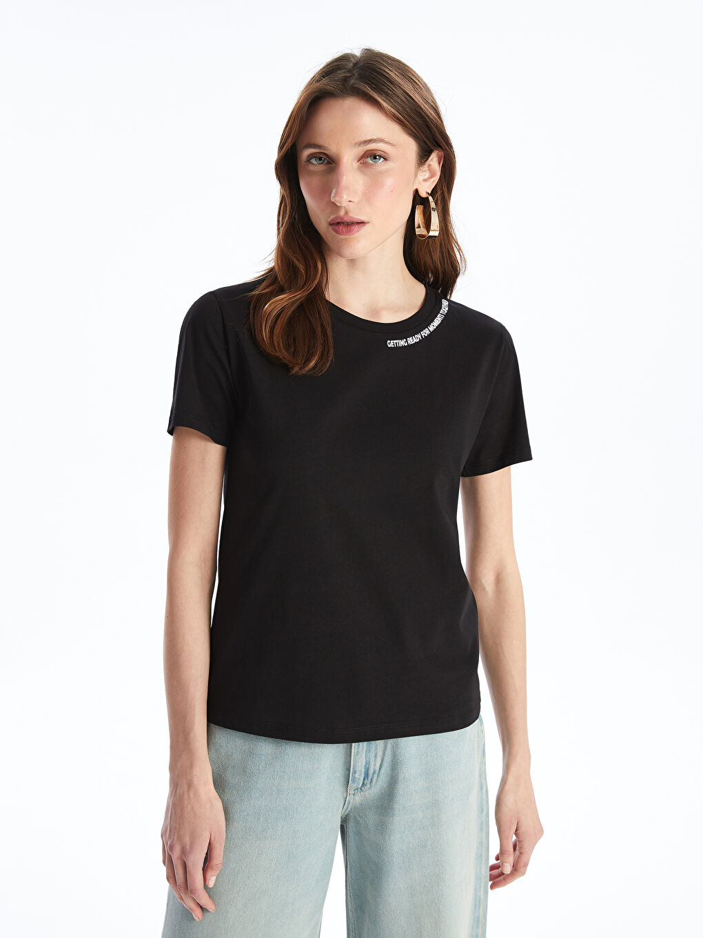 Siyah Bisiklet Yaka Baskılı Kısa Kollu Kadın Tişört-1