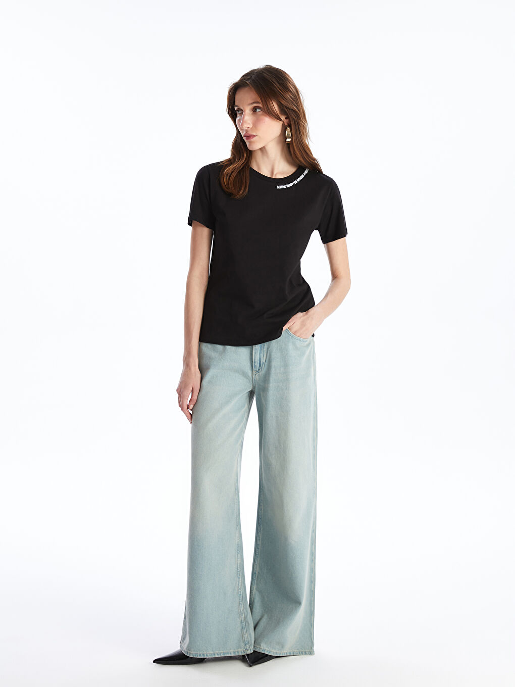 Siyah Bisiklet Yaka Baskılı Kısa Kollu Kadın Tişört-2