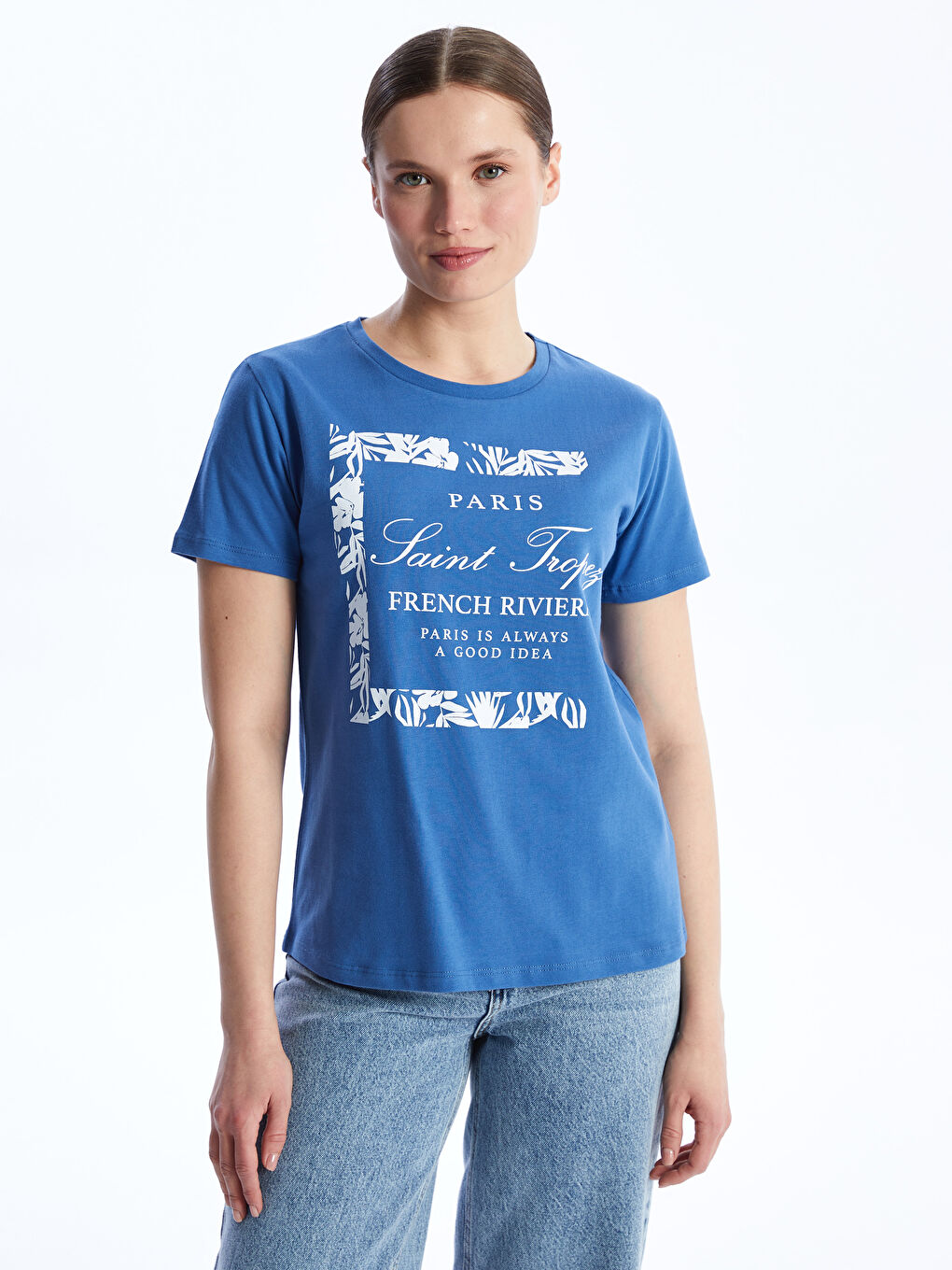 Mavi Bisiklet Yaka Baskılı Kısa Kollu Kadın Tişört