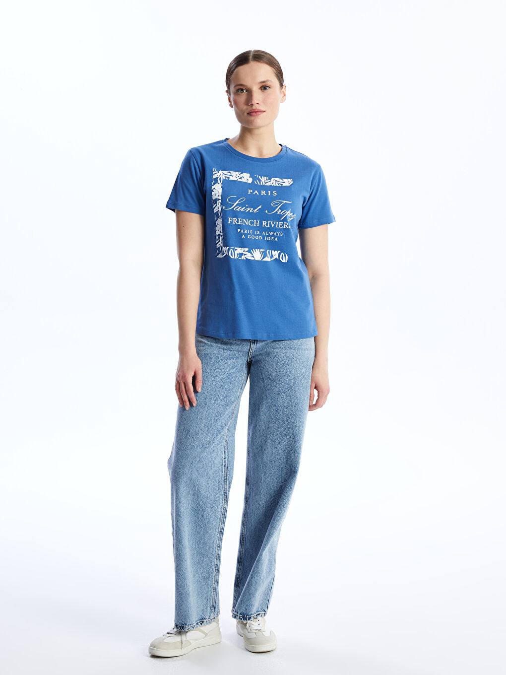 Mavi Bisiklet Yaka Baskılı Kısa Kollu Kadın Tişört-1