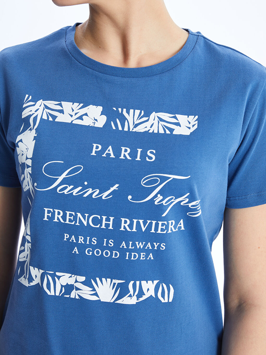 Mavi Bisiklet Yaka Baskılı Kısa Kollu Kadın Tişört-2