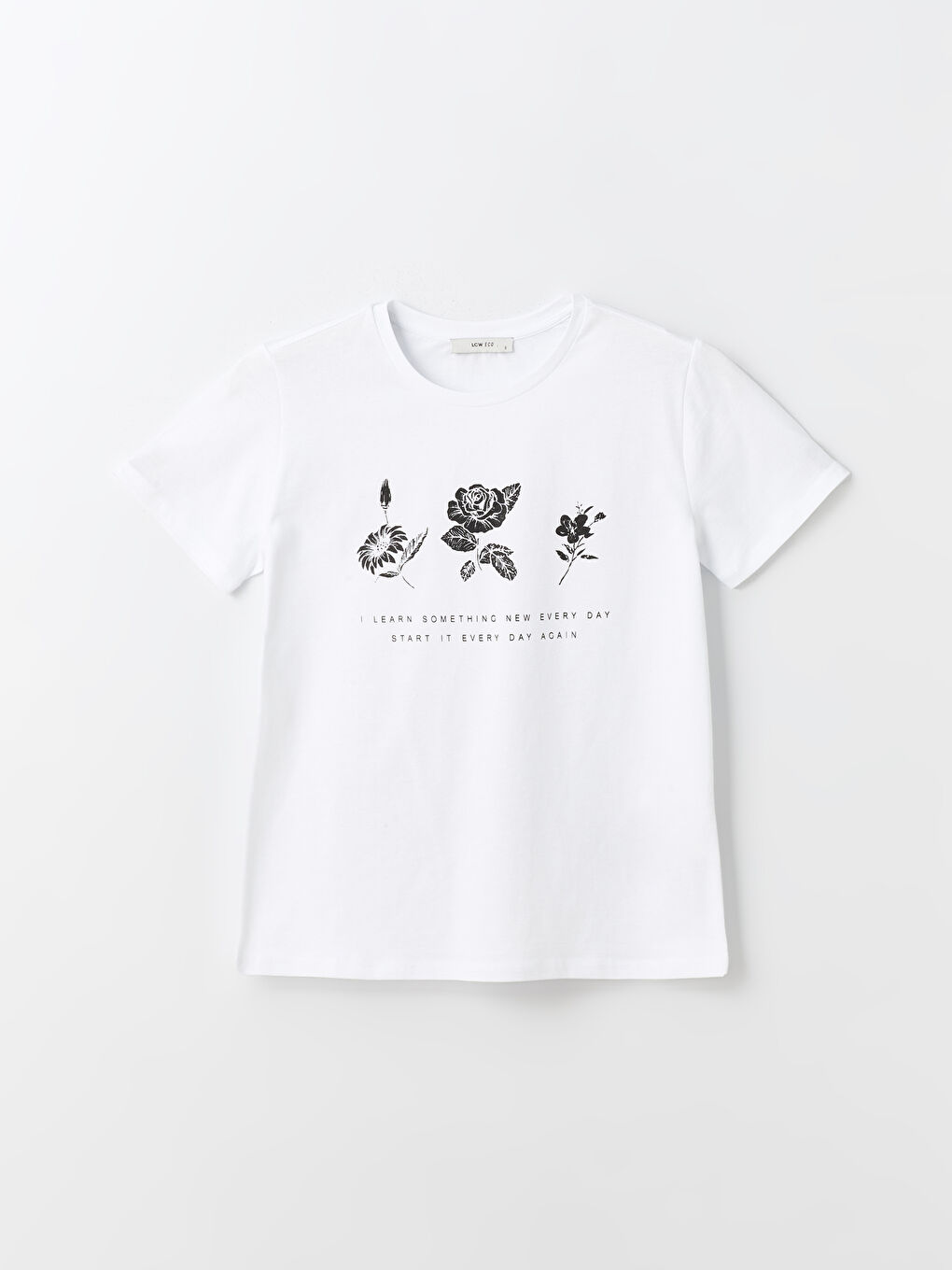 Beyaz Bisiklet Yaka Baskılı Kısa Kollu Kadın Tişört-5