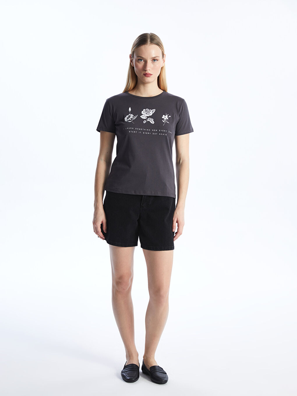 Lacivert Bisiklet Yaka Baskılı Kısa Kollu Kadın Tişört-2