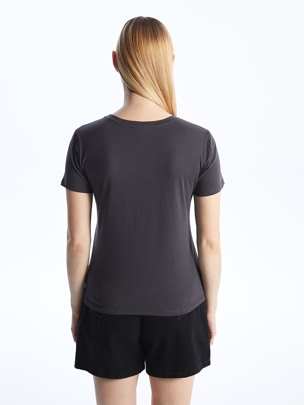 Lacivert Bisiklet Yaka Baskılı Kısa Kollu Kadın Tişört-4