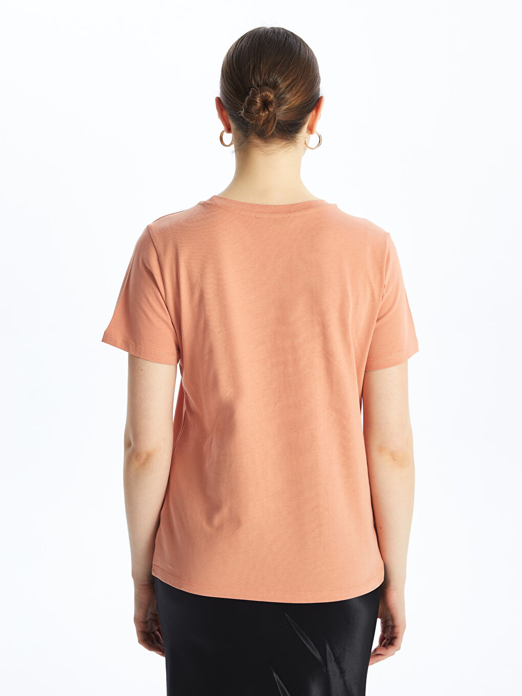 Turuncu Bisiklet Yaka Baskılı Kısa Kollu Kadın Tişört-4