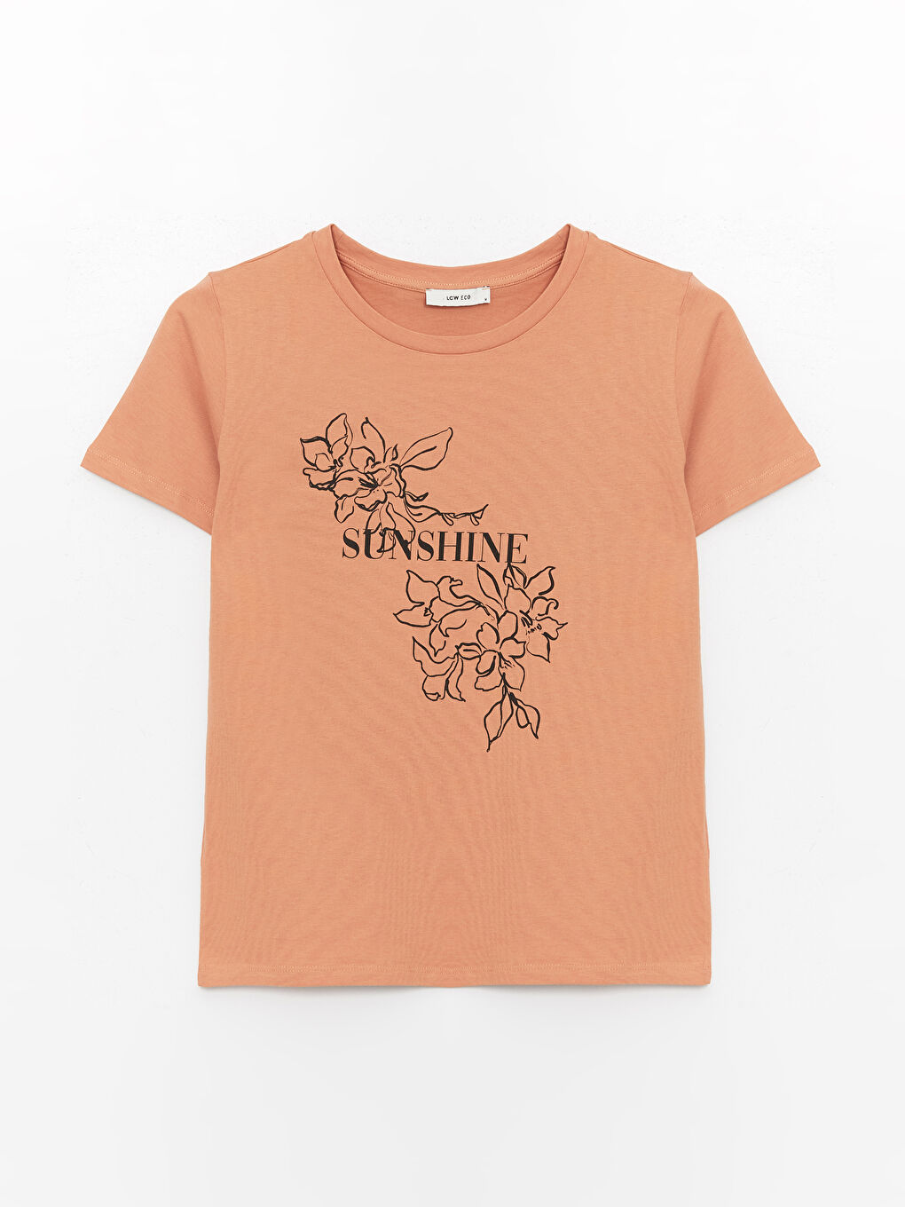 Turuncu Bisiklet Yaka Baskılı Kısa Kollu Kadın Tişört-5