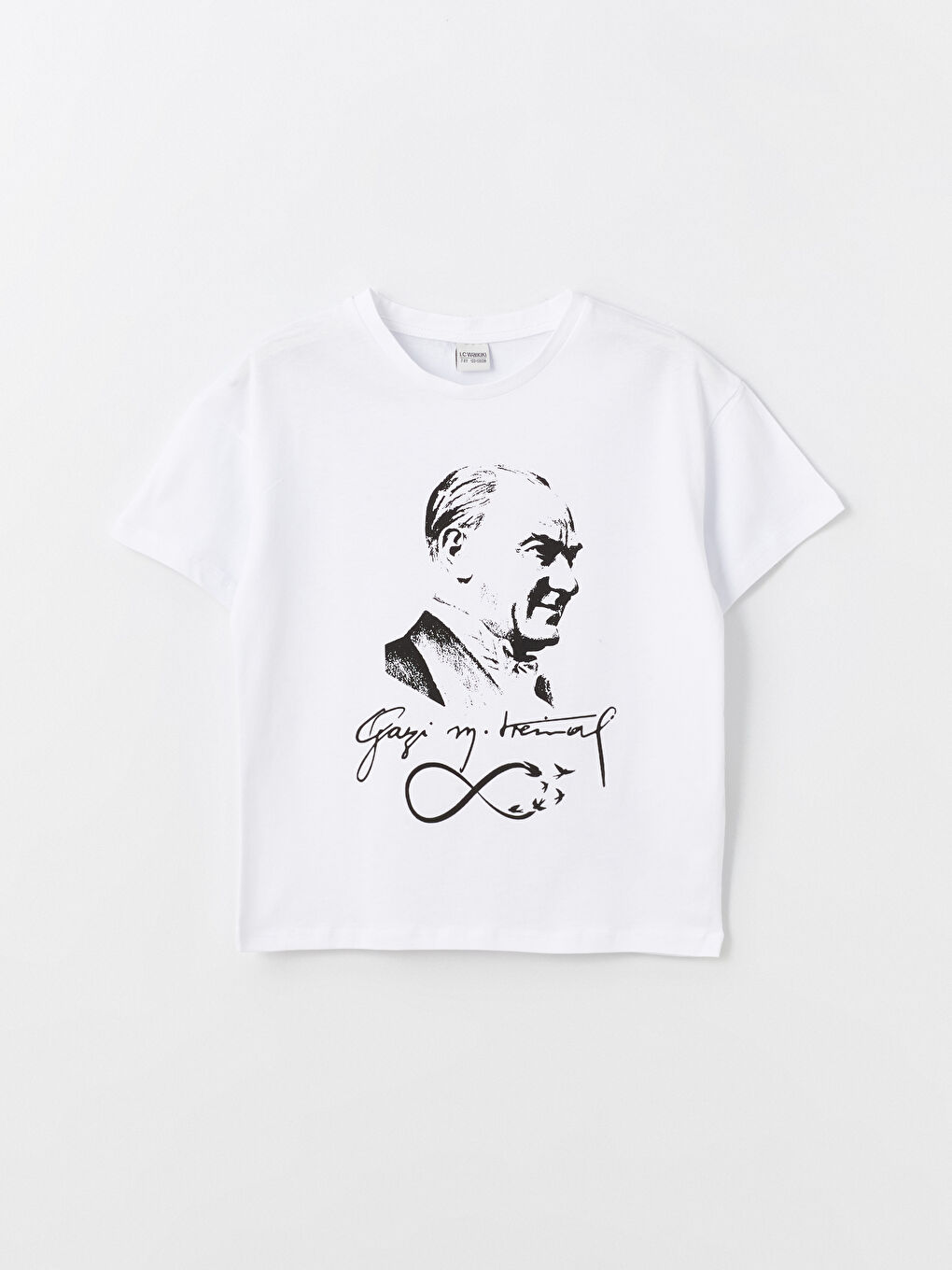 Beyaz Bisiklet Yaka Atatürk Baskılı Kısa Kollu Kız Çocuk Tişört