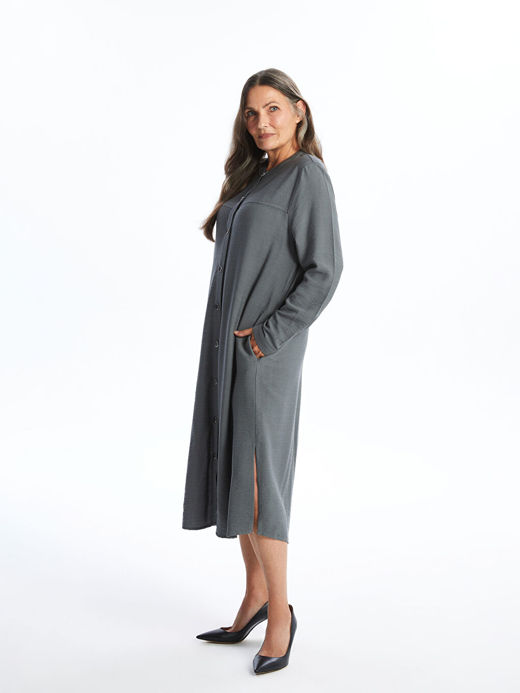 Crew Neck Straight Long Sleeve Linen Look Women's Dress -S4K167Z8-GEF