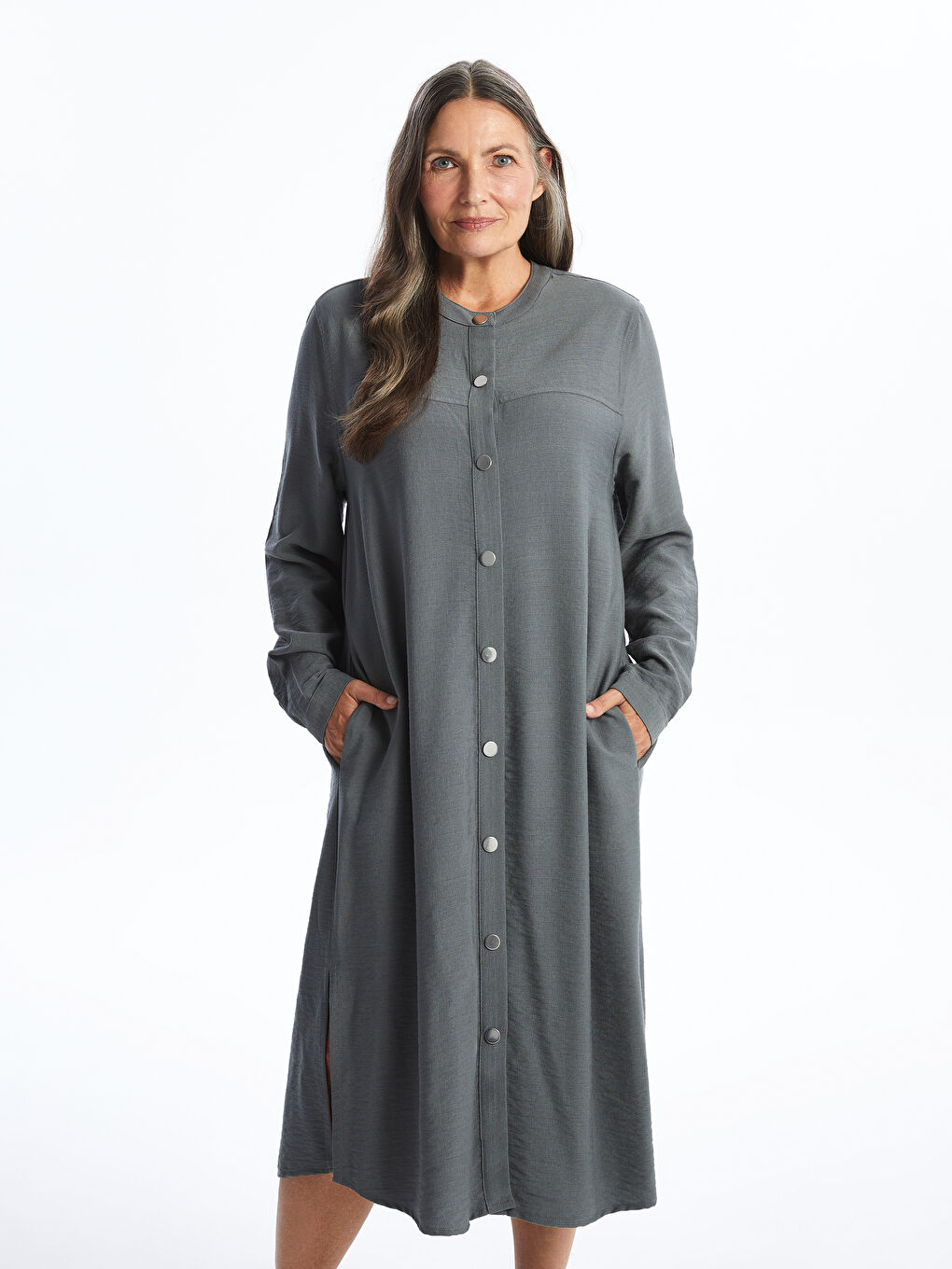 Crew Neck Straight Long Sleeve Linen Look Women's Dress -S4K167Z8-GEF