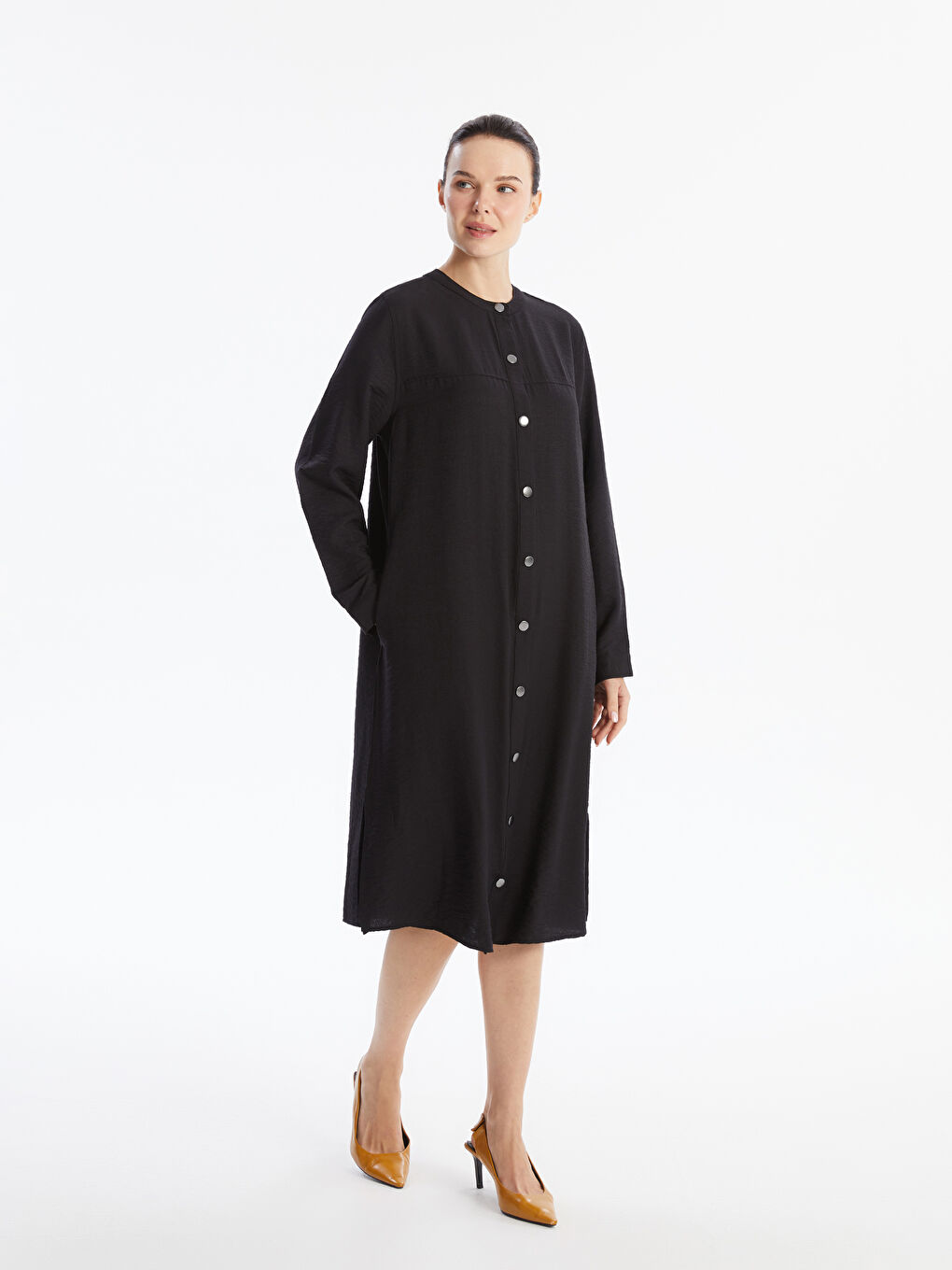 Crew Neck Plain Long Sleeve Linen-Look Women's Shirt Dress -S4K168Z8-CVL