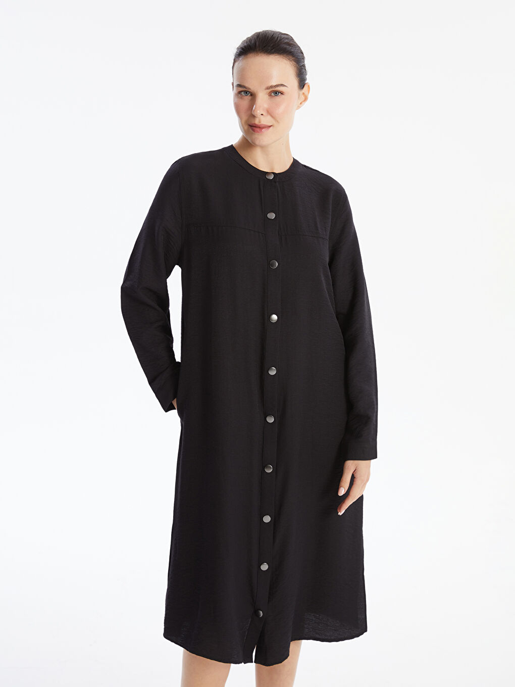 Crew Neck Plain Long Sleeve Linen-Look Women's Shirt Dress -S4K168Z8-CVL