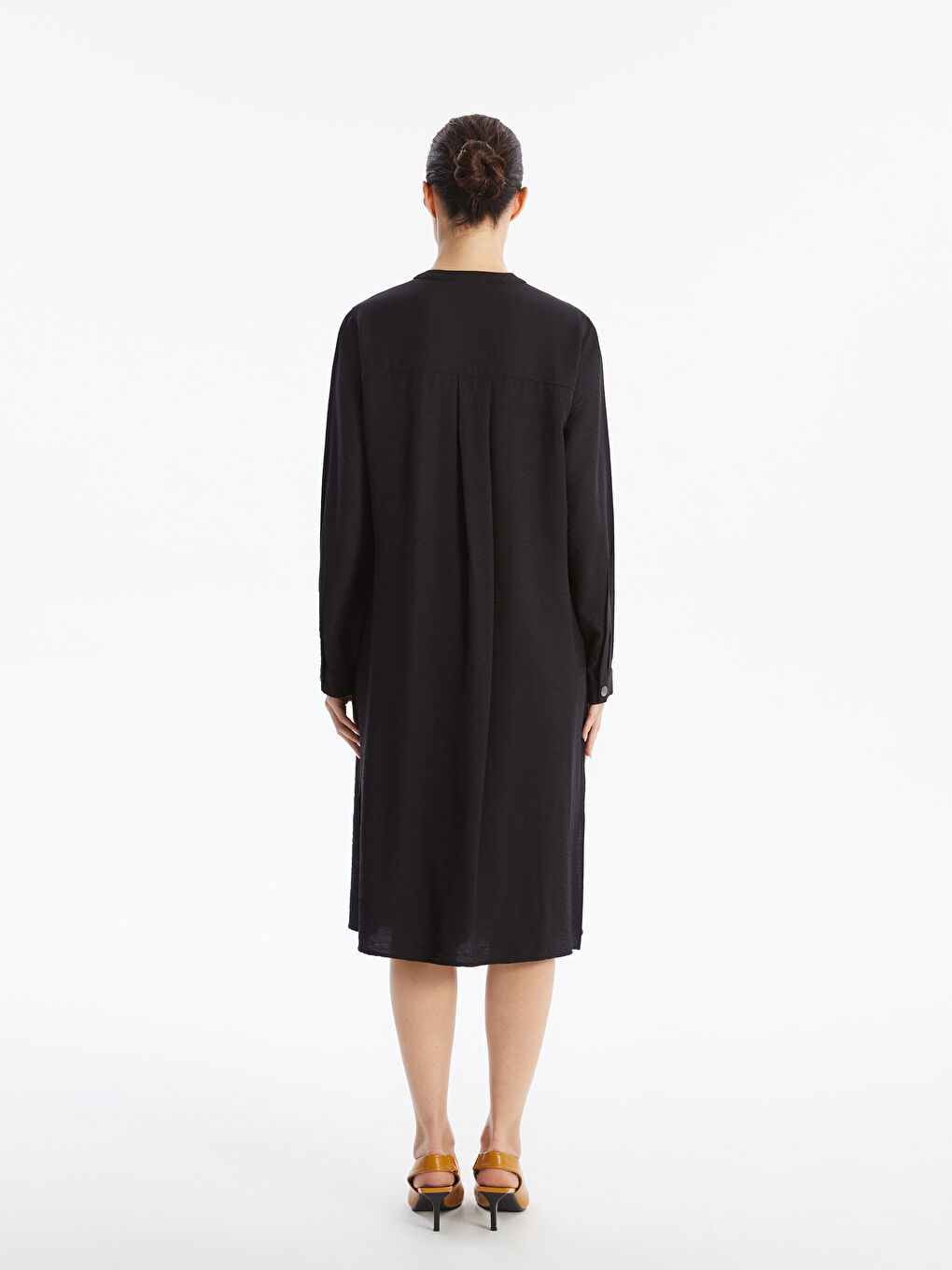 Crew Neck Plain Long Sleeve Linen-Look Women's Shirt Dress -S4K168Z8-CVL
