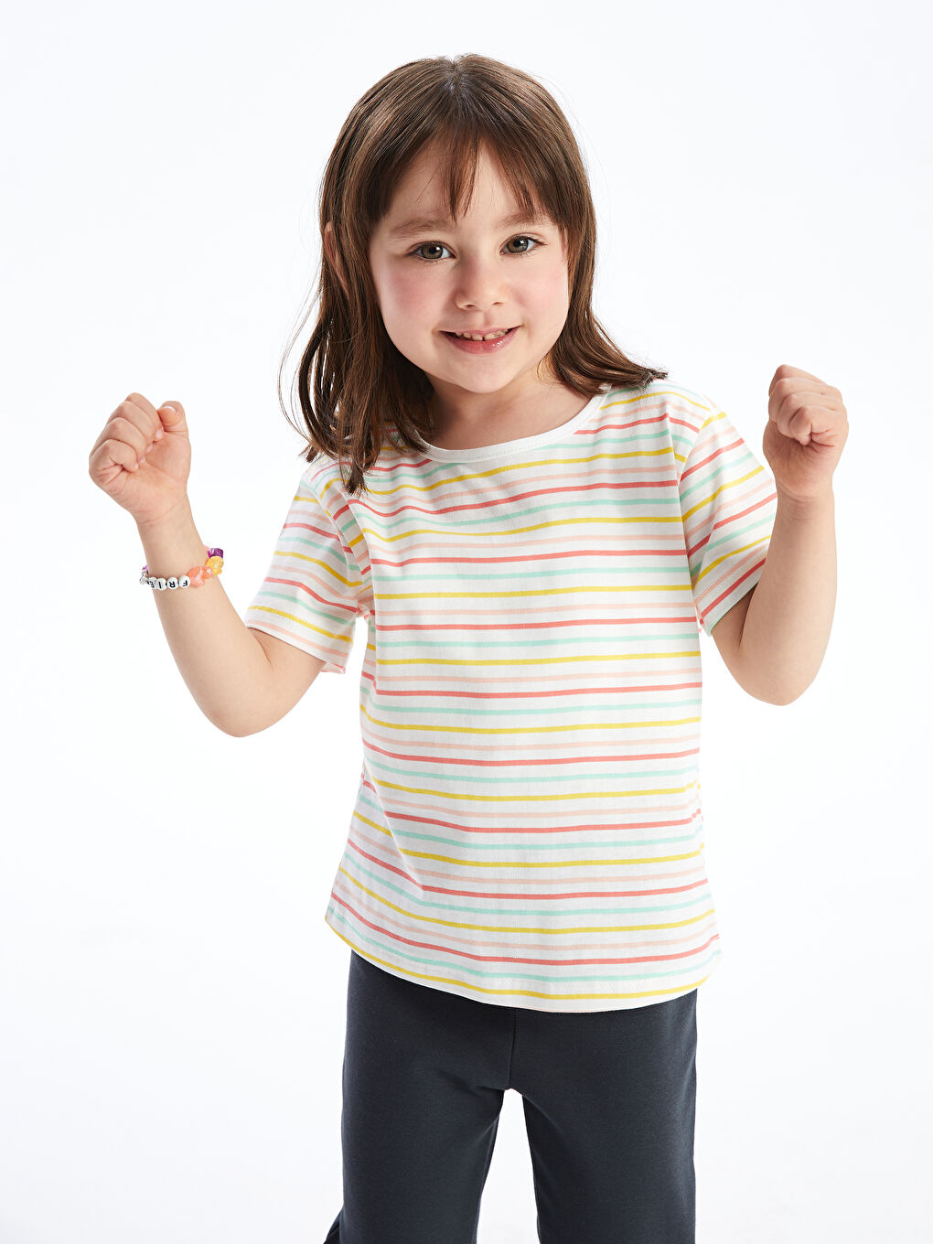 Beyaz Bisiklet Yaka Kısa Kollu Çizgili Kız Bebek Tişört ve Pantolon 2'li Takım-2