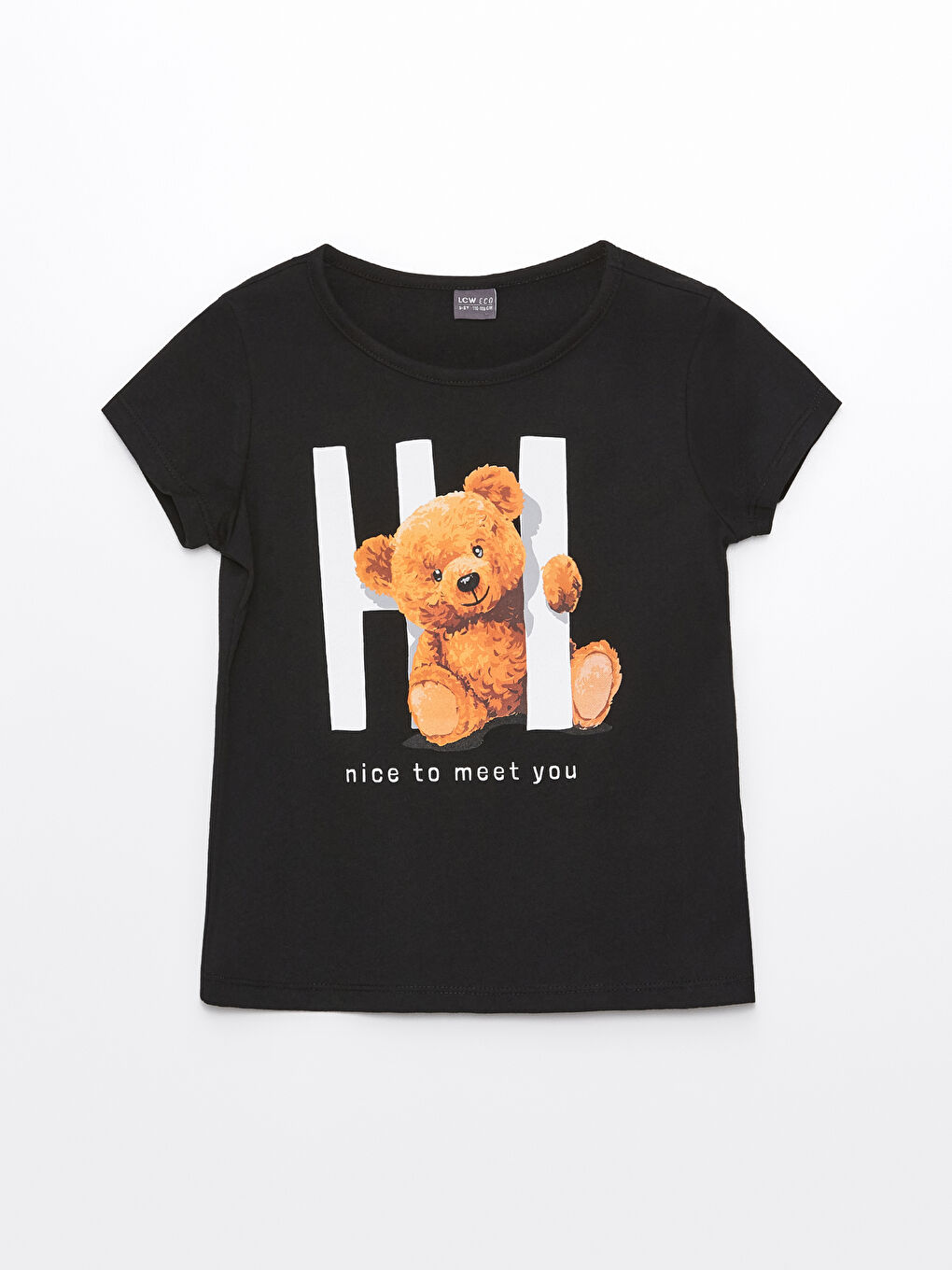 Siyah Bisiklet Yaka Baskılı Kısa Kollu Kız Çocuk Tişört