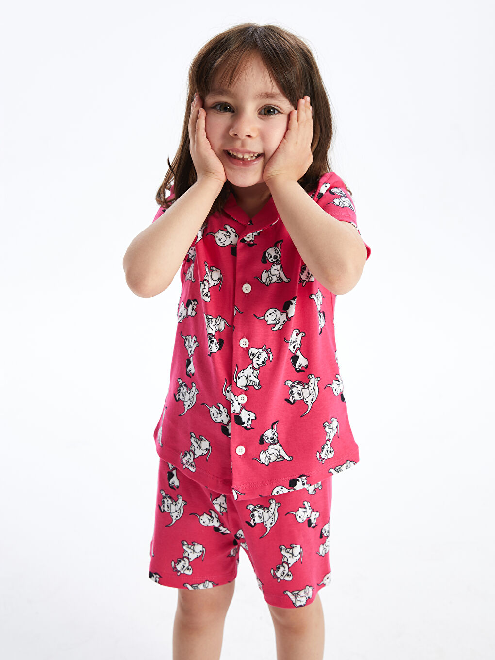 Ekru Gömlek Yaka 101 Dalmaçyalı Baskılı Kız Bebek Şortlu Pijama Takımı