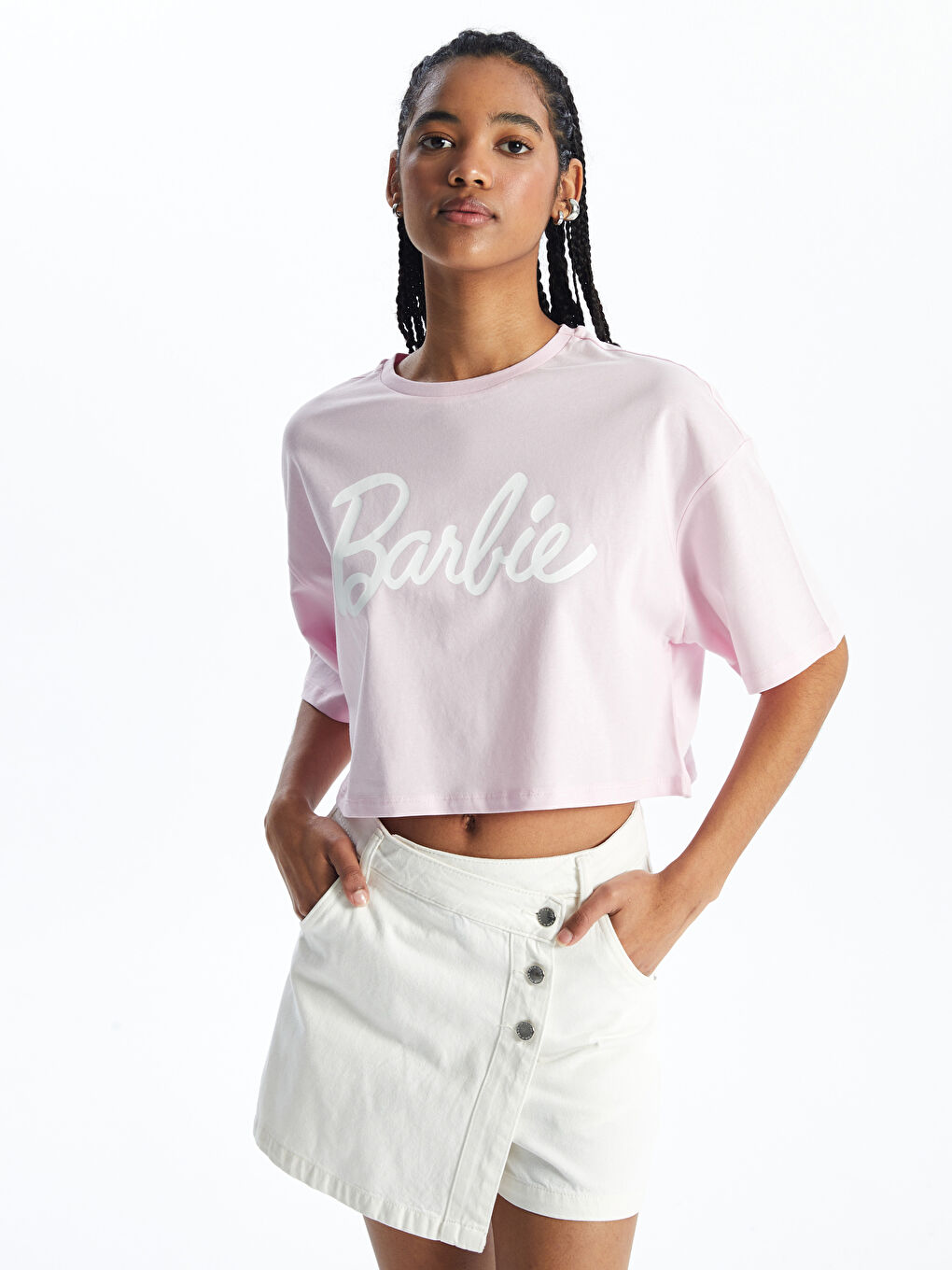 Pembe Bisiklet Yaka Barbie Baskılı Kısa Kollu Oversize Kadın Crop