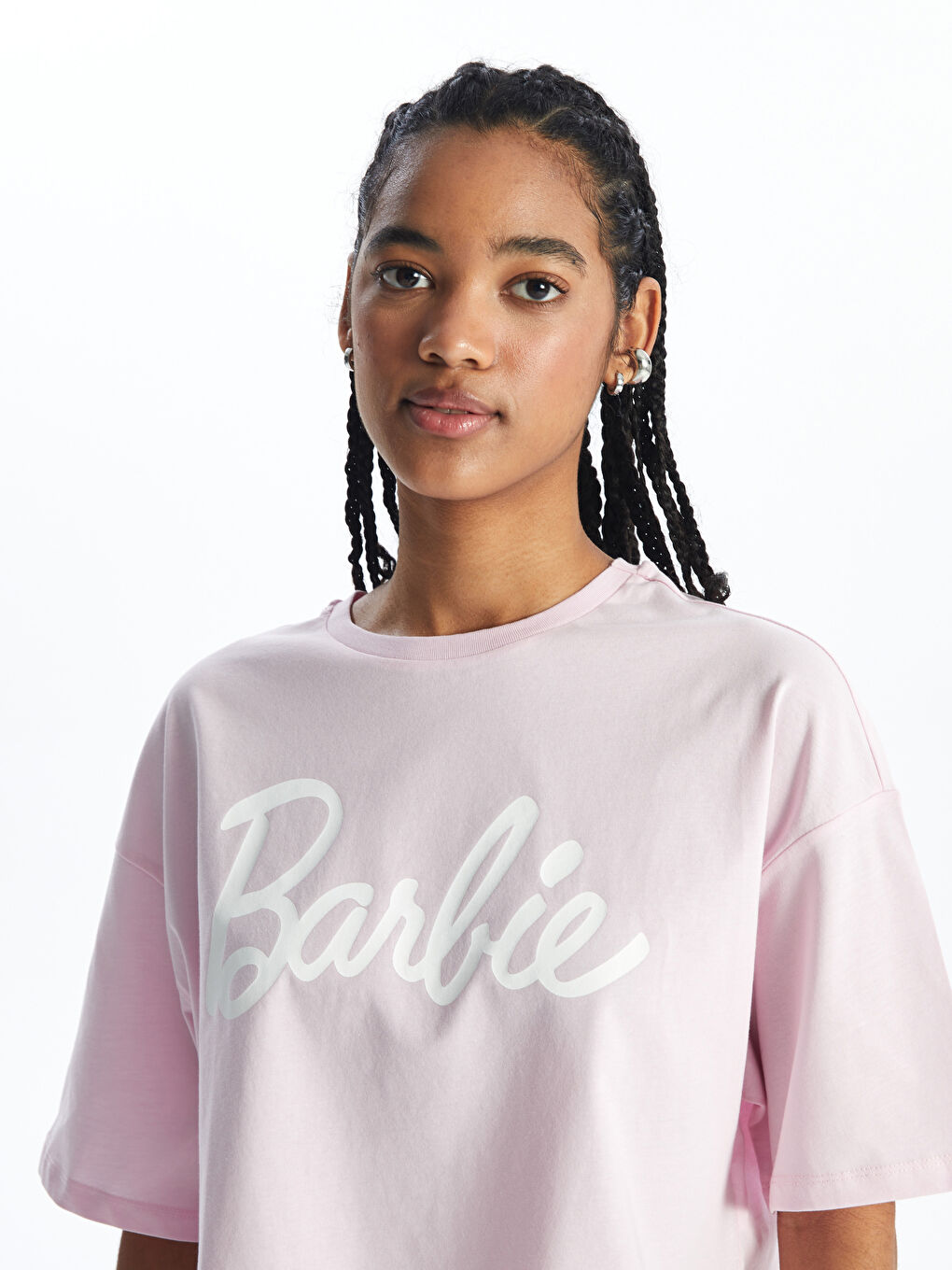 Pembe Bisiklet Yaka Barbie Baskılı Kısa Kollu Oversize Kadın Crop-1
