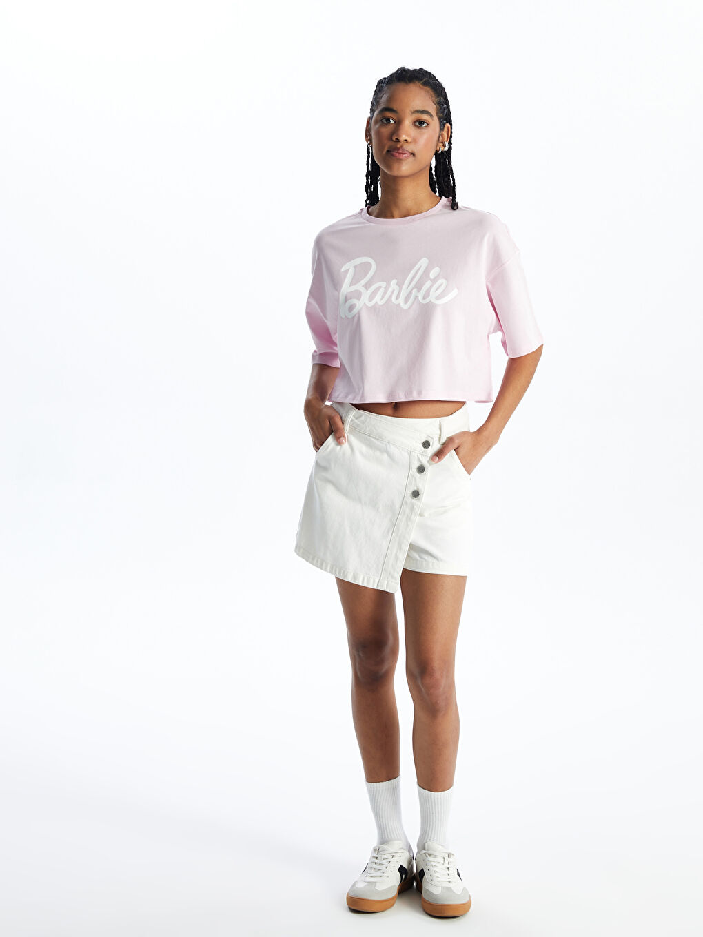 Pembe Bisiklet Yaka Barbie Baskılı Kısa Kollu Oversize Kadın Crop-2