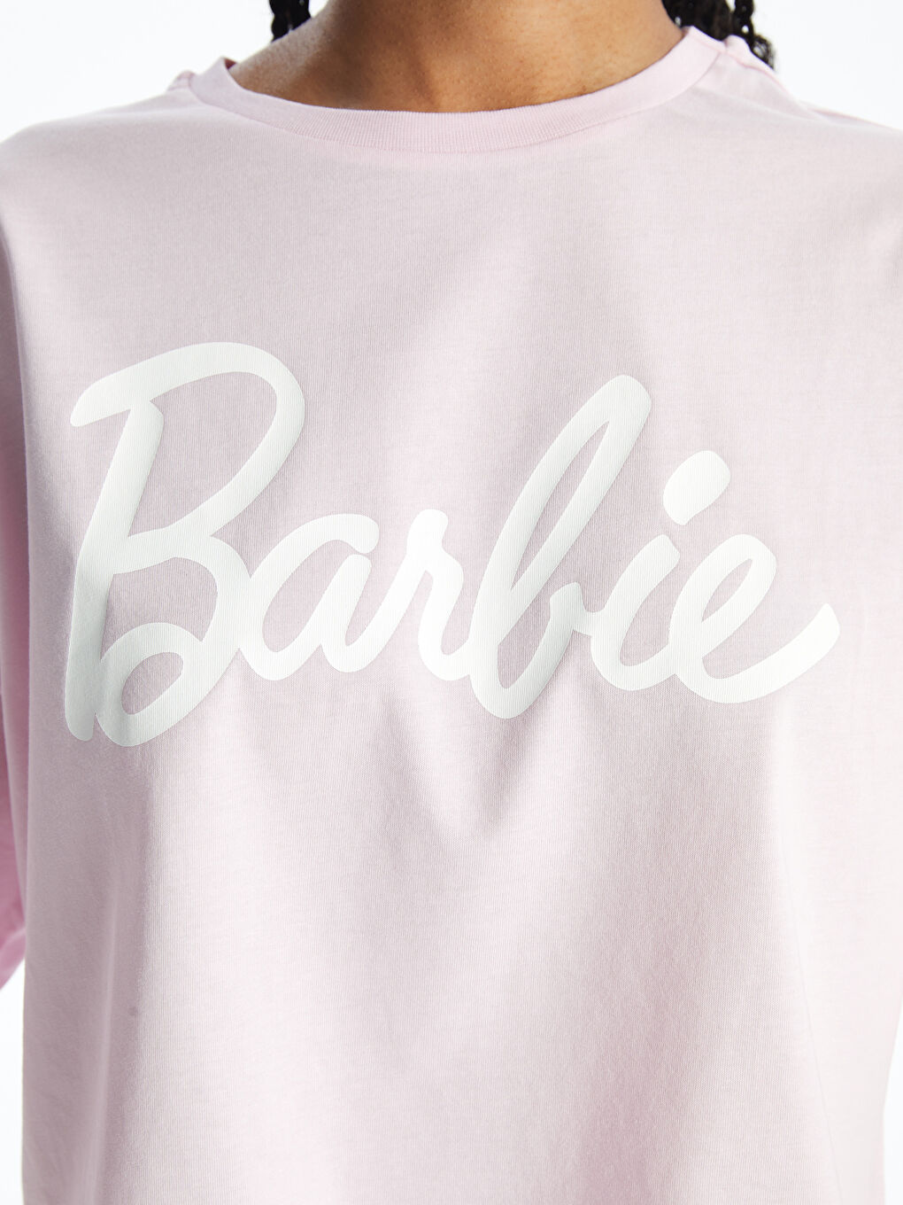 Pembe Bisiklet Yaka Barbie Baskılı Kısa Kollu Oversize Kadın Crop-3