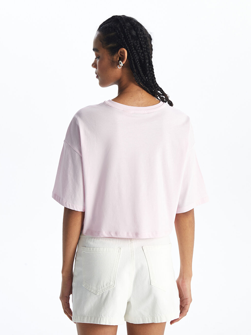 Pembe Bisiklet Yaka Barbie Baskılı Kısa Kollu Oversize Kadın Crop-4