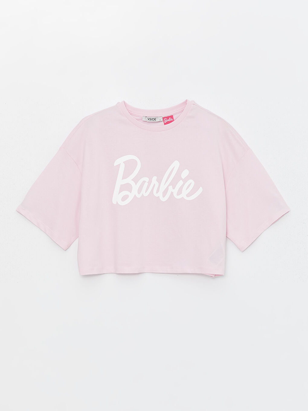 Pembe Bisiklet Yaka Barbie Baskılı Kısa Kollu Oversize Kadın Crop-5