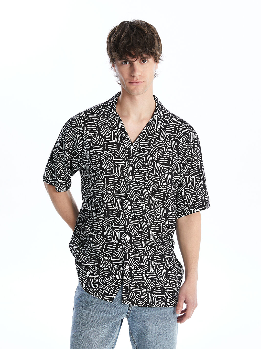 Slim Fit Short Sleeve Patterned Viscose Men's Shirt -S4K468Z8-LU7