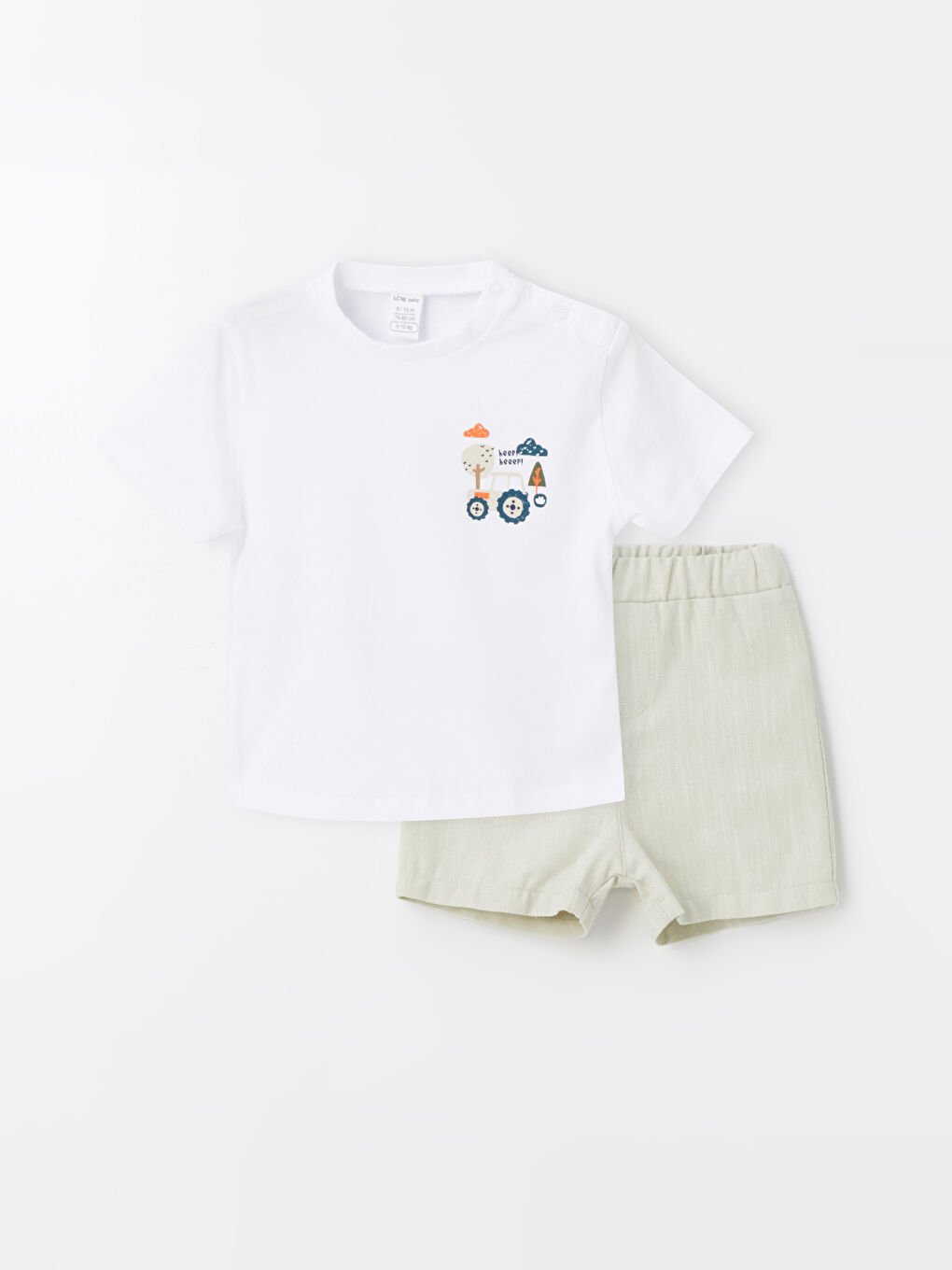 Beyaz Bisiklet Yaka Baskılı Erkek Bebek Tişört ve Şort 2'li Takım