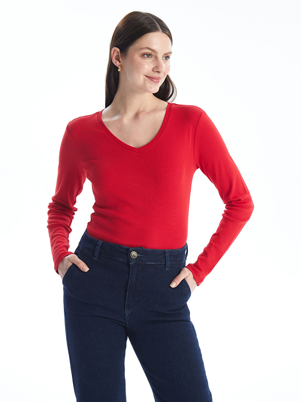 Әйелдерге арналған v жағалы өрнексіз ұзын жең футболка