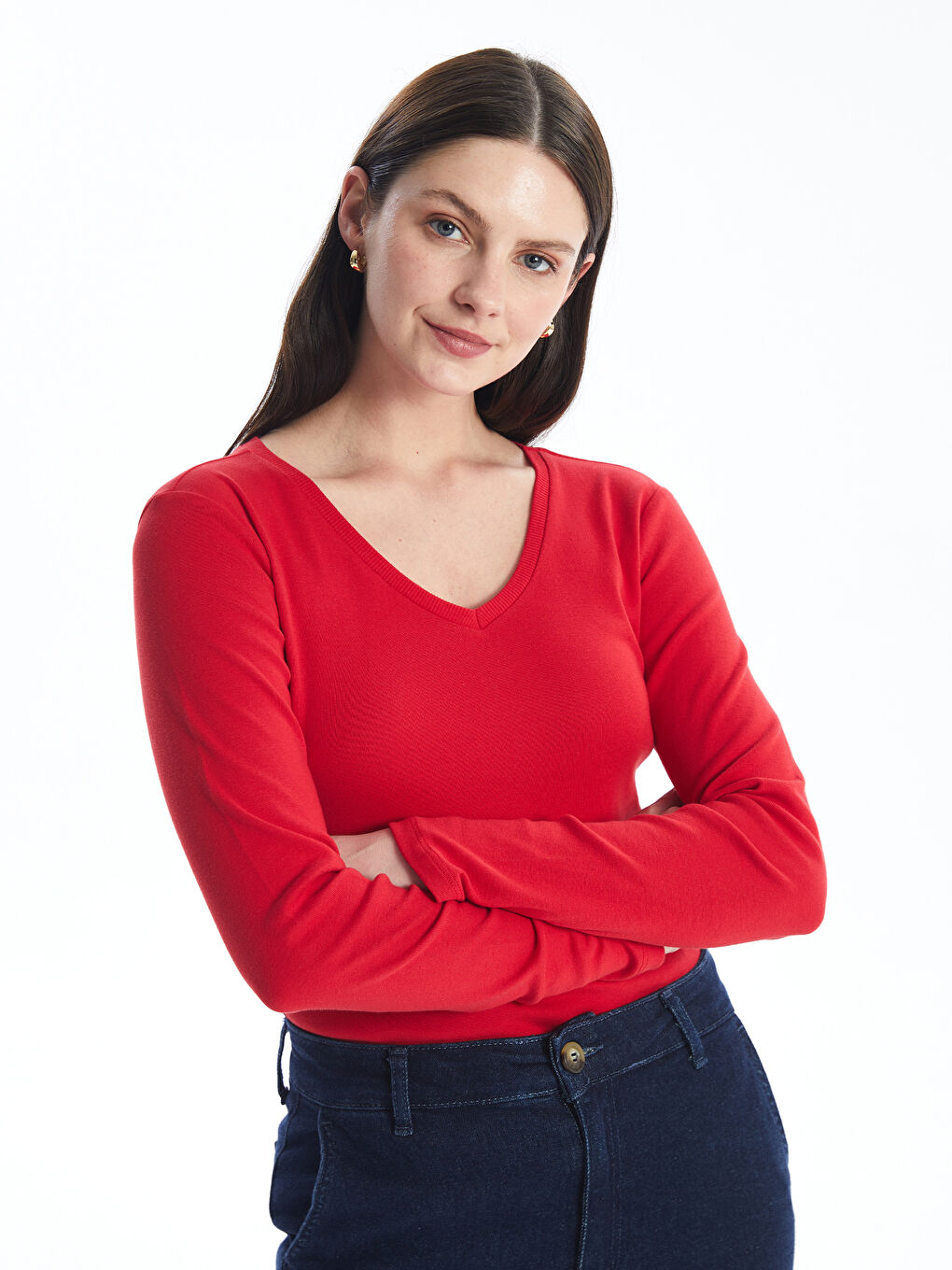 Әйелдерге арналған v жағалы өрнексіз ұзын жең футболка-1