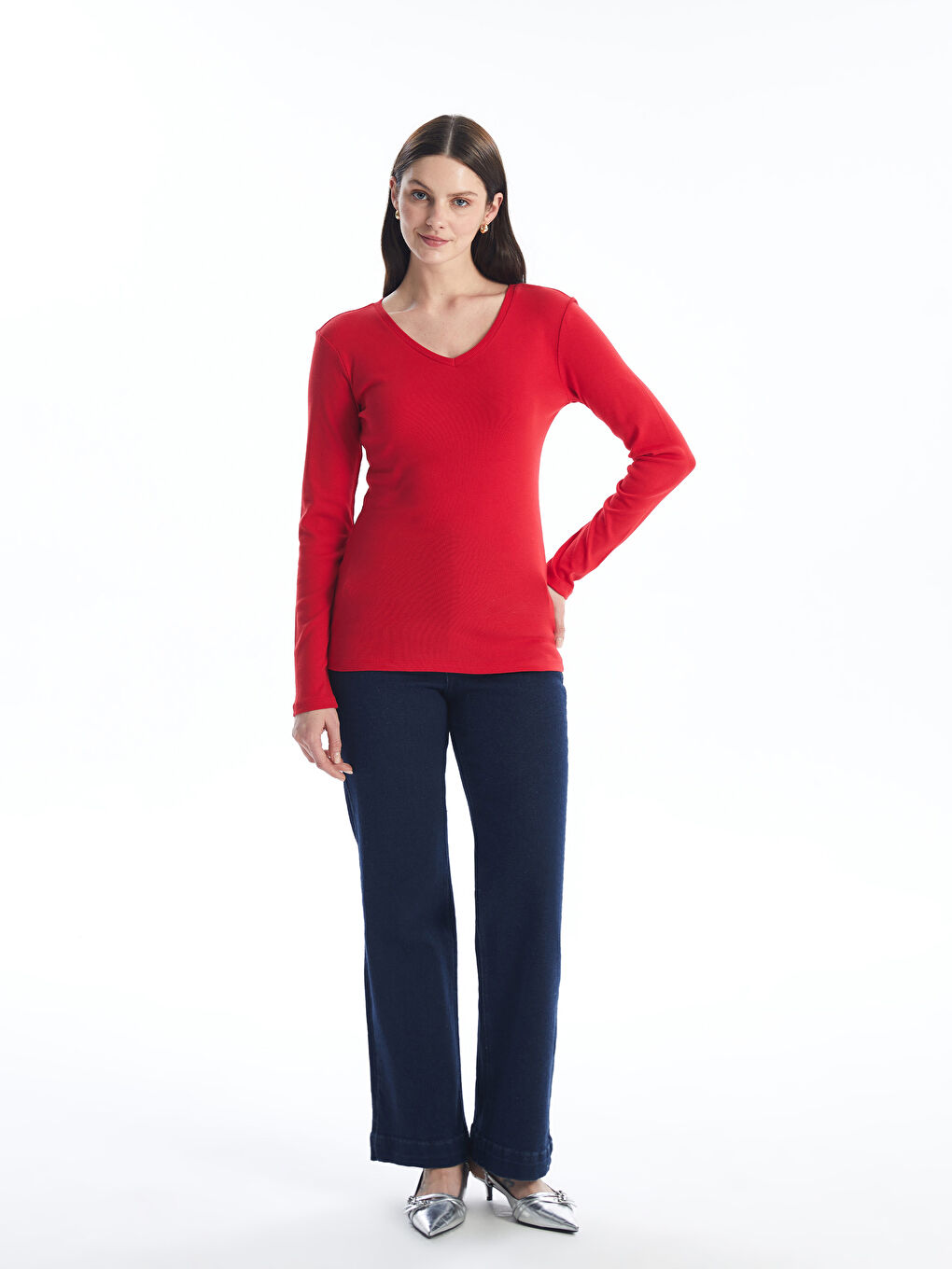 Әйелдерге арналған v жағалы өрнексіз ұзын жең футболка-2