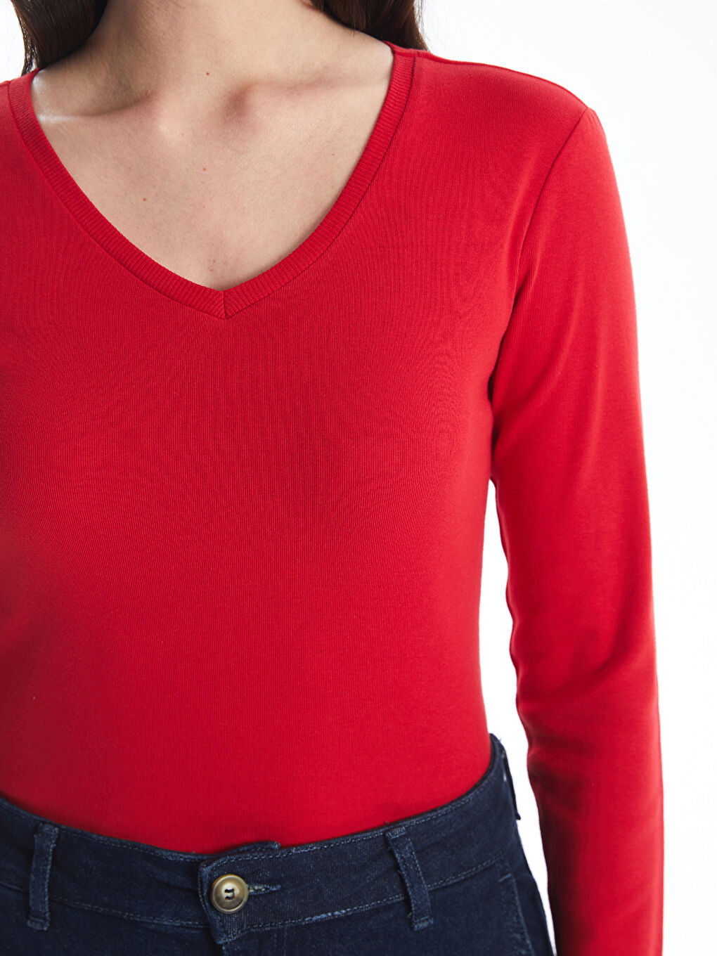 Әйелдерге арналған v жағалы өрнексіз ұзын жең футболка-3