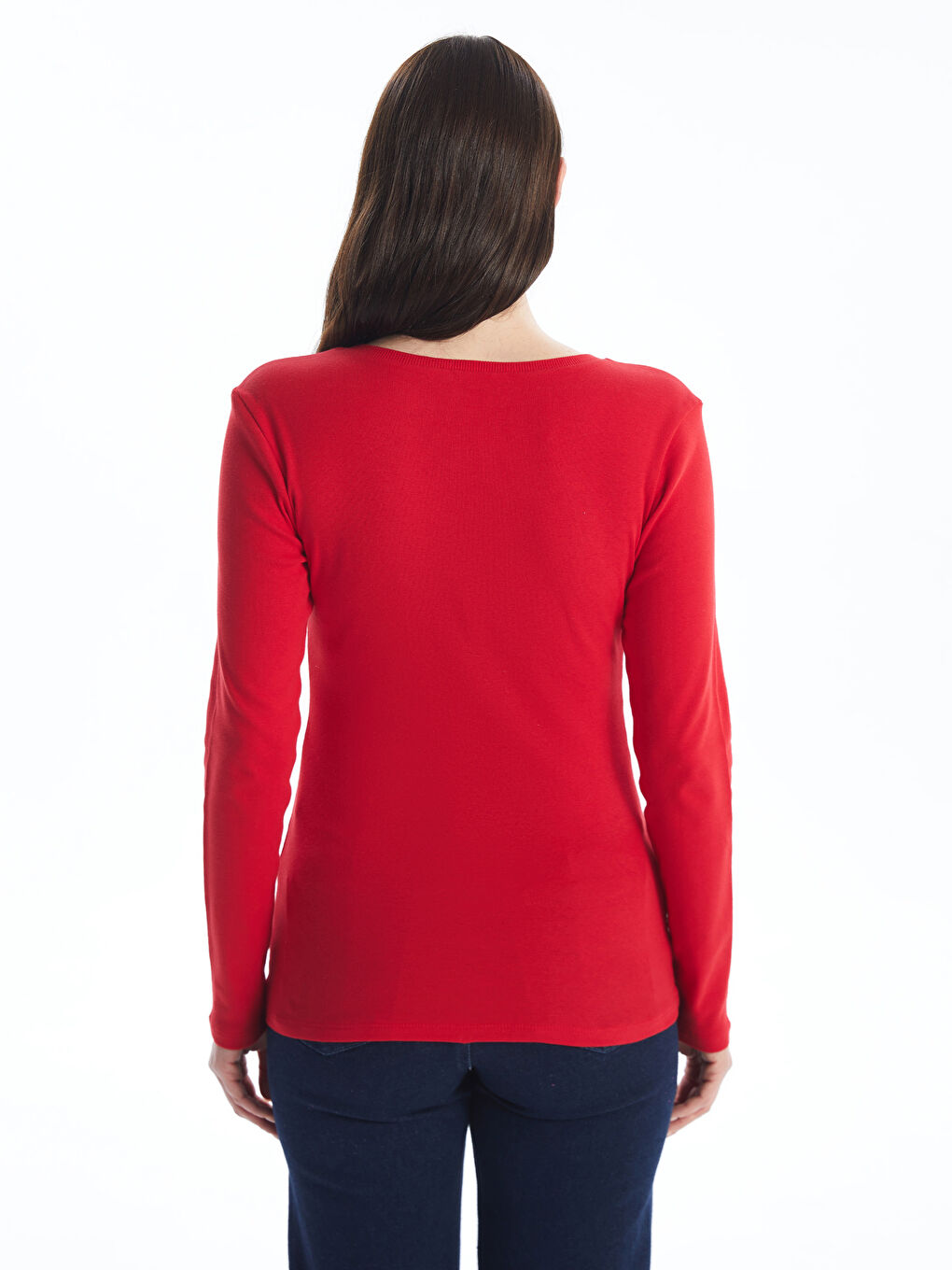 Әйелдерге арналған v жағалы өрнексіз ұзын жең футболка-4