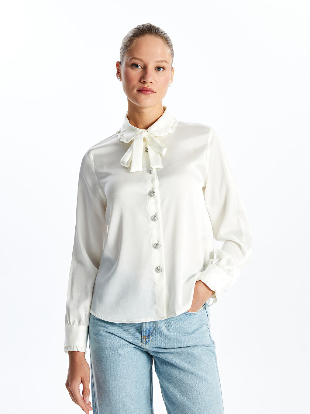 Baby Collar Plain Long Sleeve Satin Women's Shirt -S4K658Z8-FDU