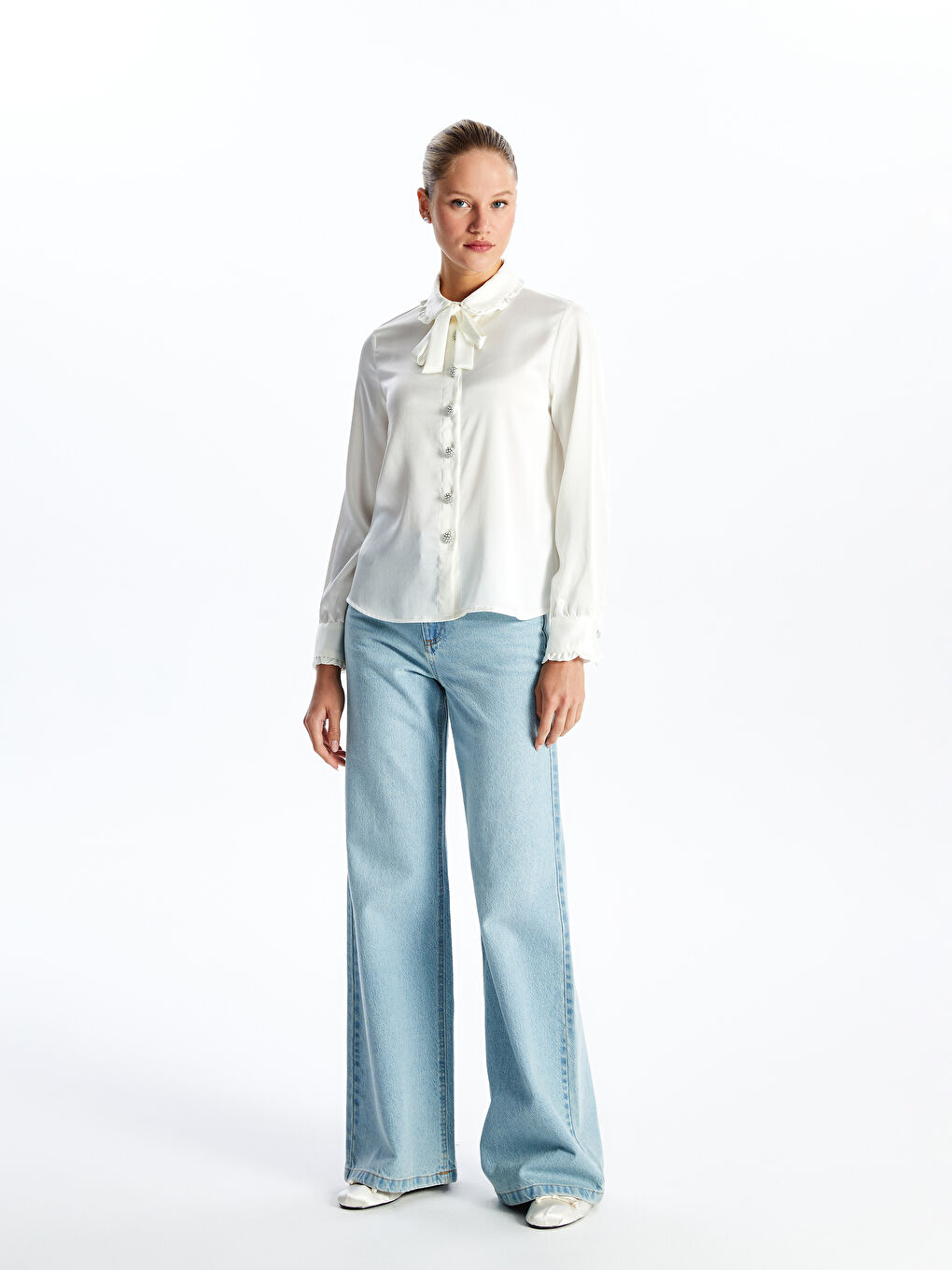 Baby Collar Plain Long Sleeve Satin Women's Shirt -S4K658Z8-FDU