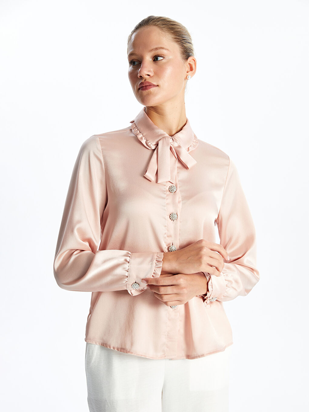 Baby Collar Plain Long Sleeve Satin Women's Shirt -S4K658Z8-FRP