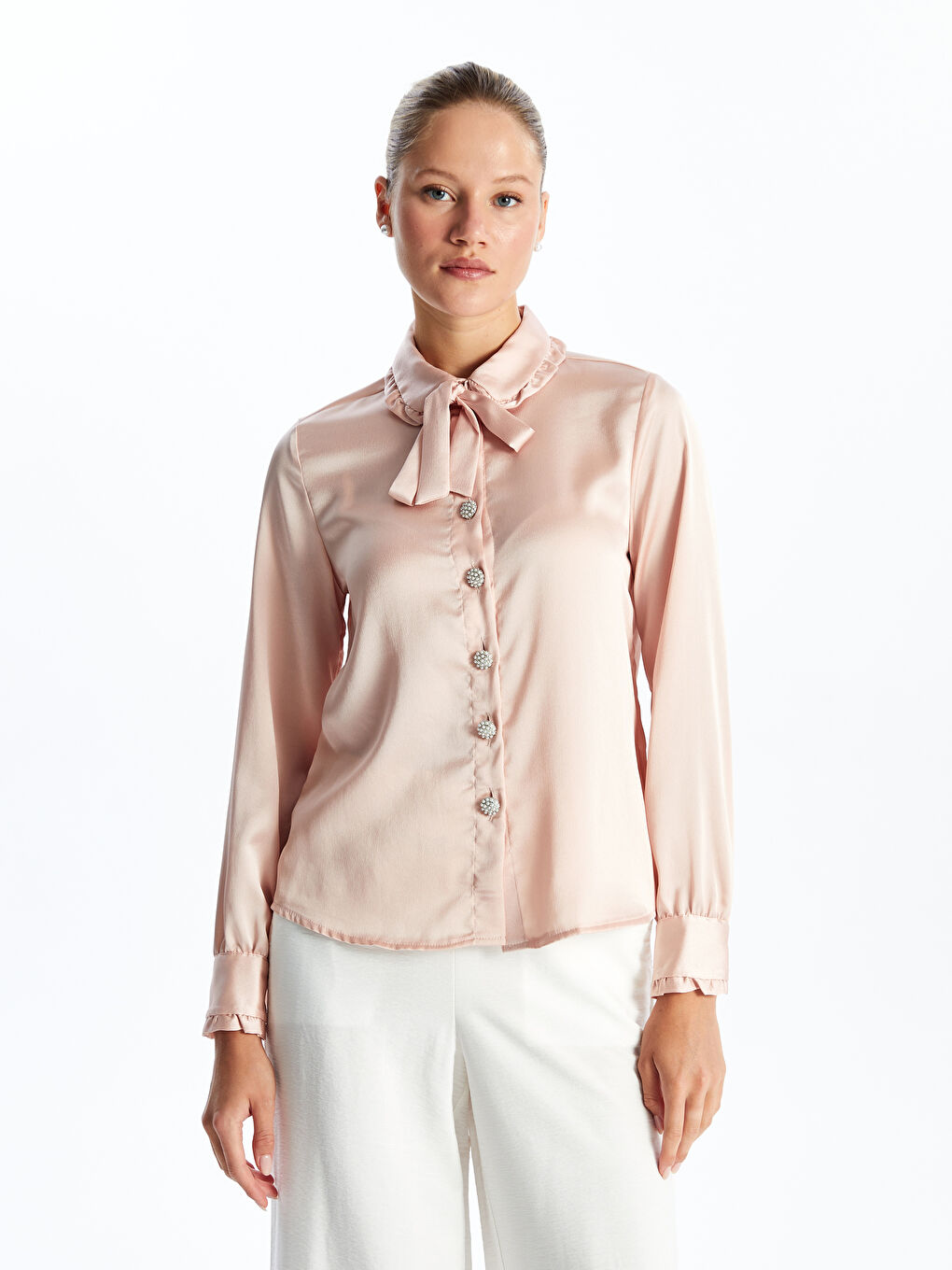 Baby Collar Plain Long Sleeve Satin Women's Shirt -S4K658Z8-FRP