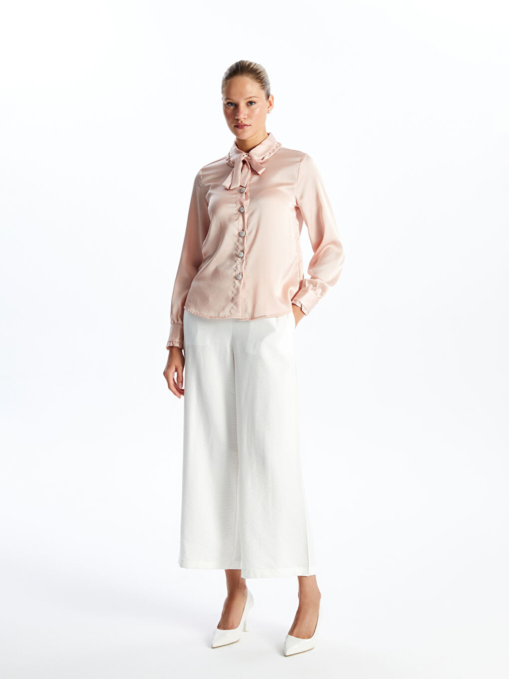 Baby Collar Plain Long Sleeve Satin Women's Shirt -S4K658Z8-FRP