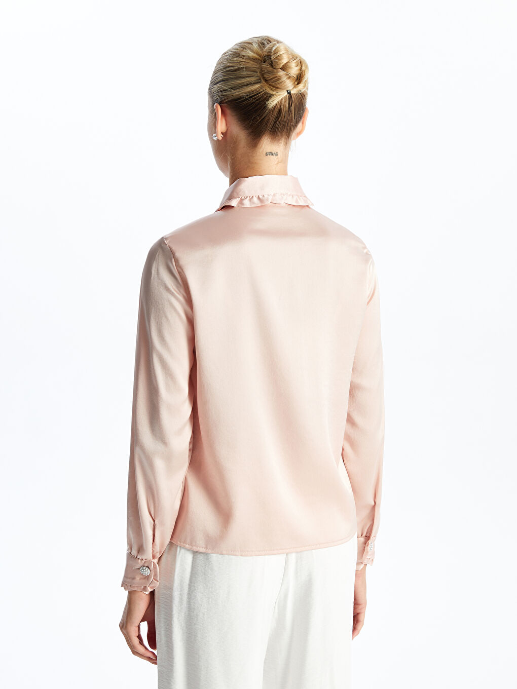 Baby Collar Plain Long Sleeve Satin Women's Shirt -S4K658Z8-FRP