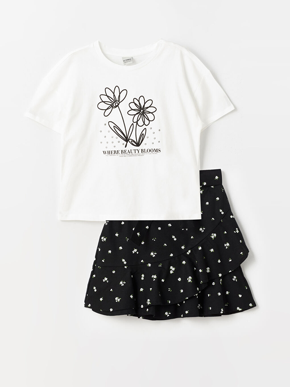 Crew Neck Printed Short Sleeve Girl's T-Shirt and Skirt -S4K670Z4-R9J