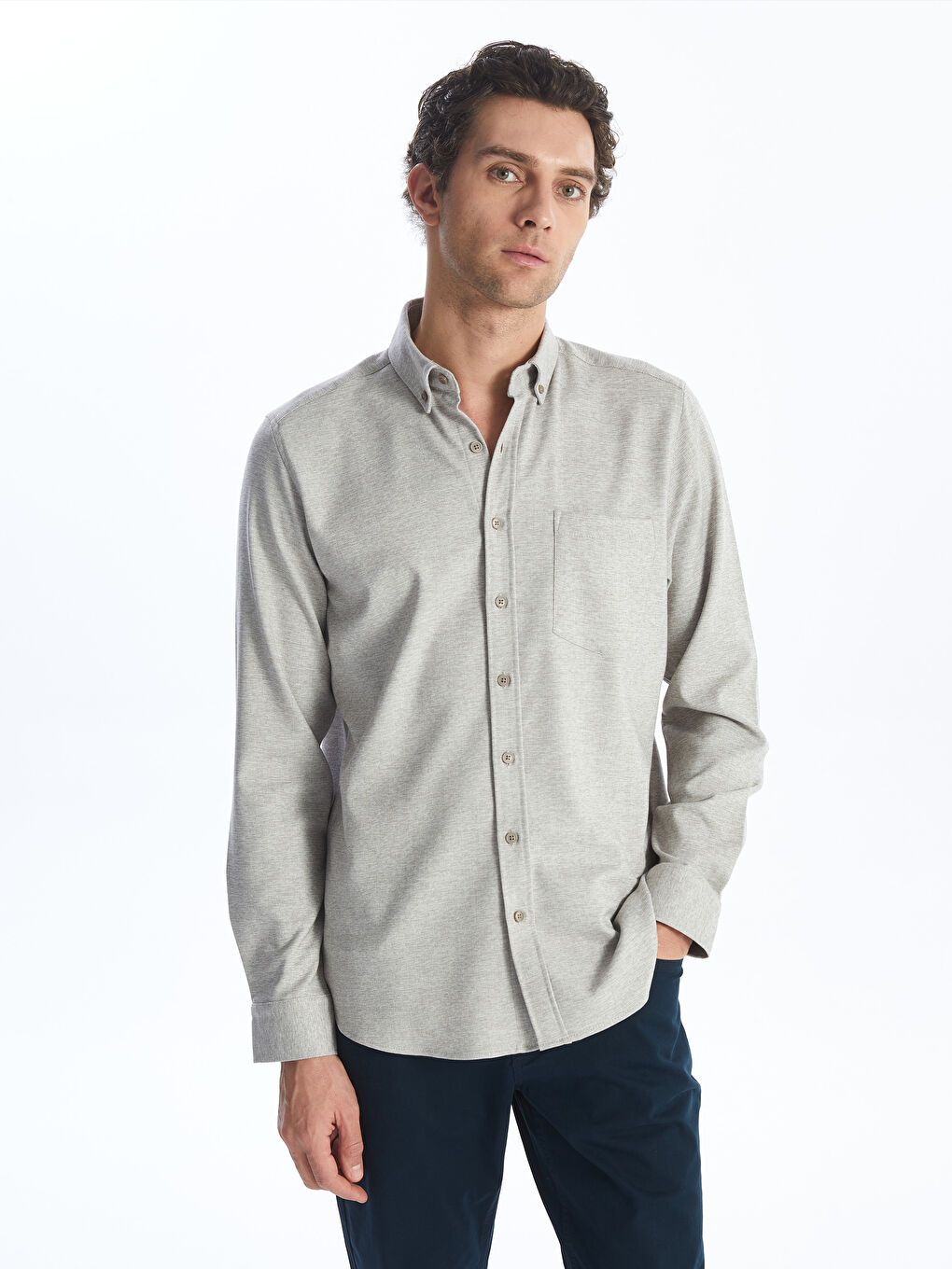 Bej Regular Fit Uzun Kollu Armürlü Erkek Gömlek