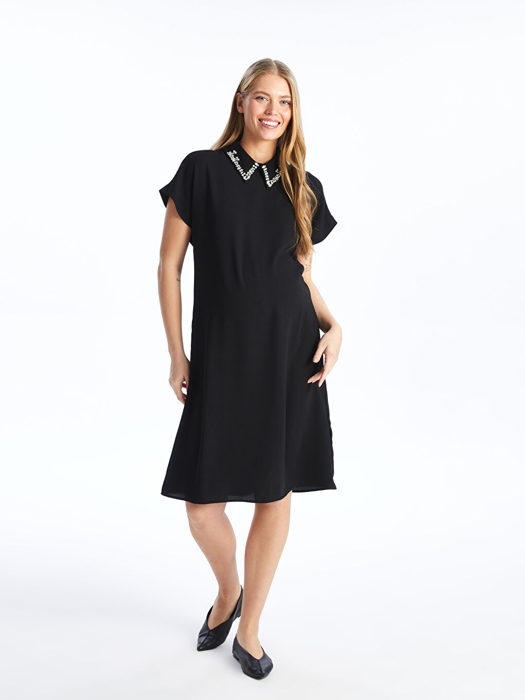Shirt Collar Engraved Printed Short Sleeve Maternity Dress -S4K746Z8-CVL