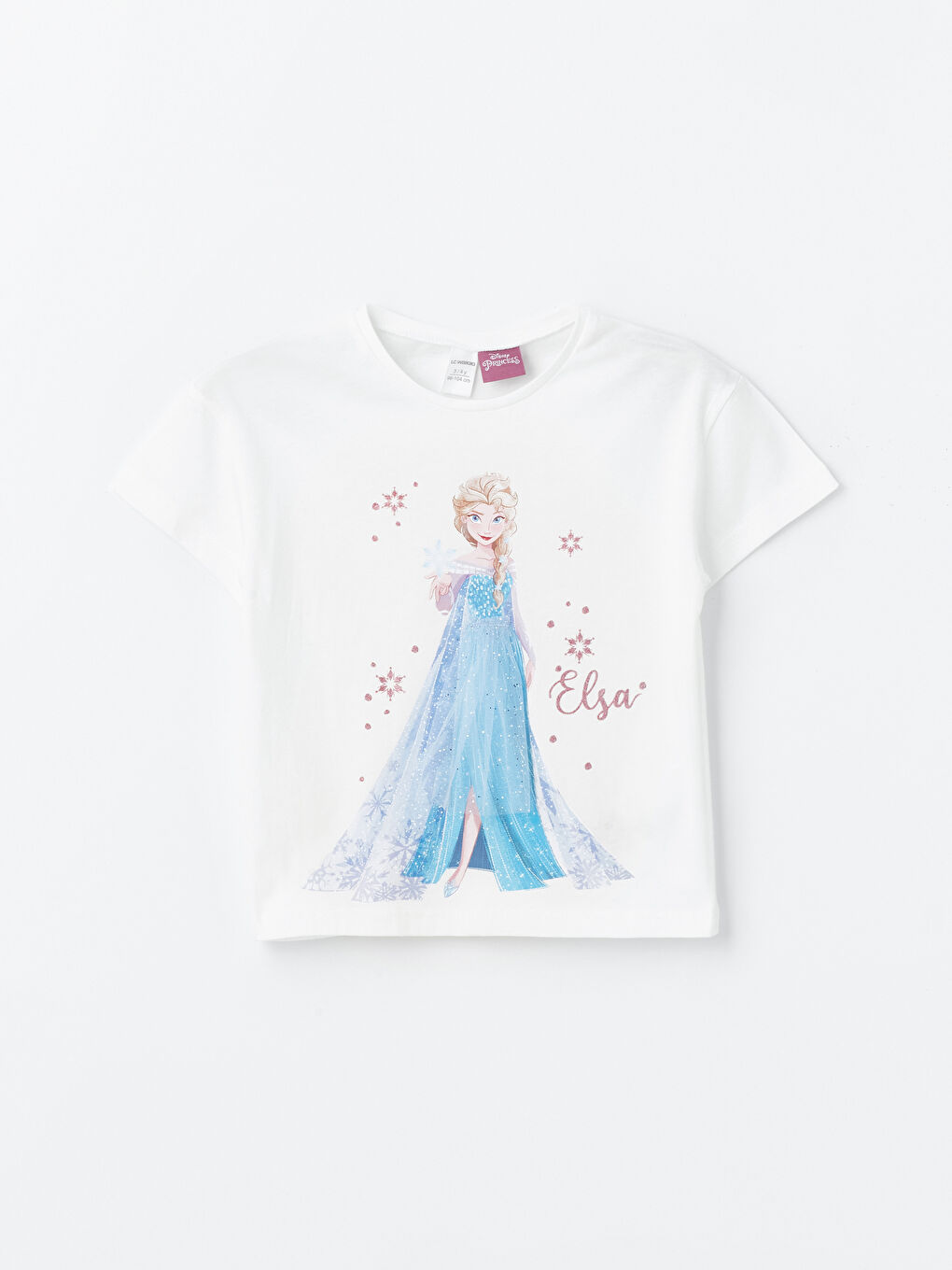 Ekru Bisiklet Yaka Kısa Kollu Elsa Baskılı Kız Bebek Tişört